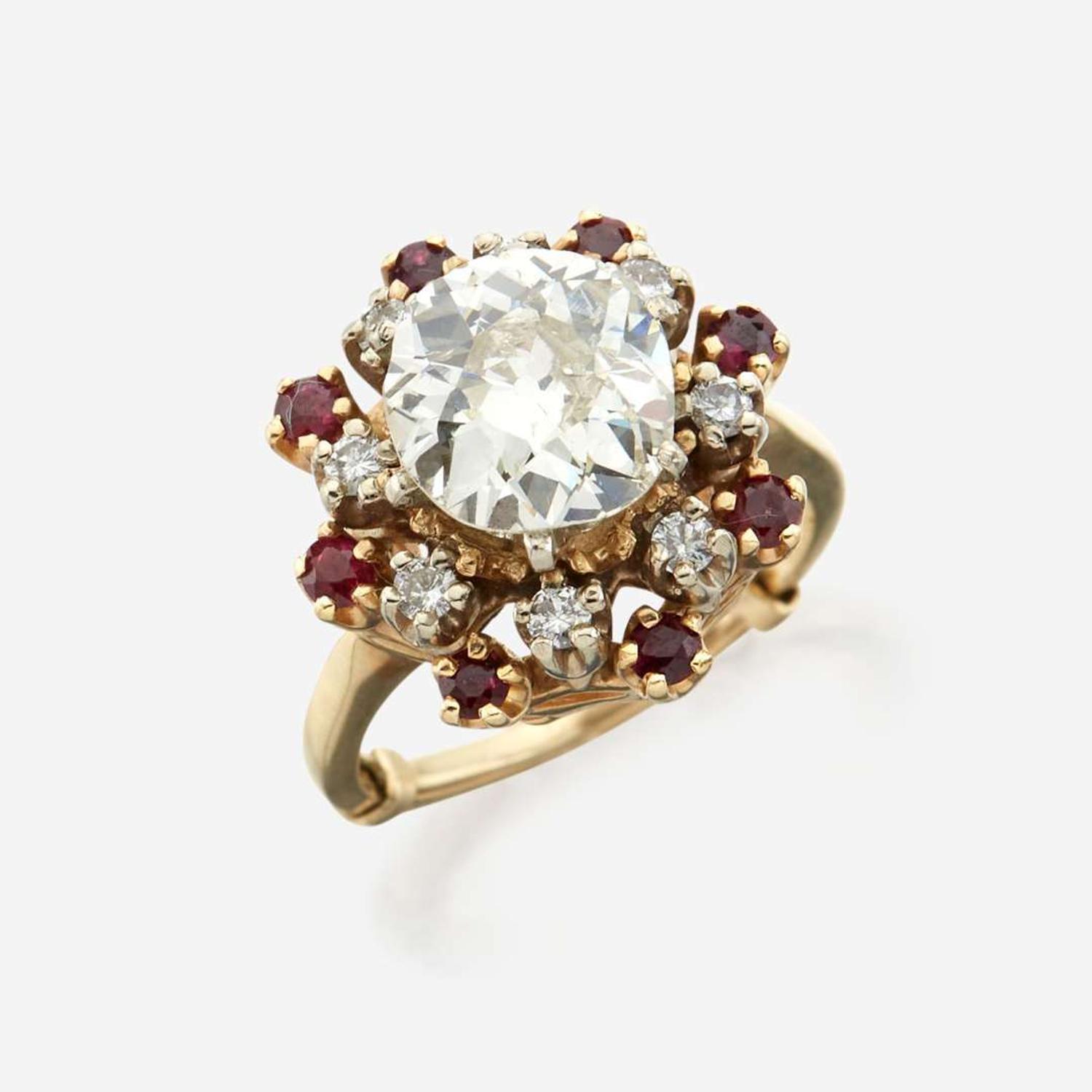 A diamond, ruby, and gold ring