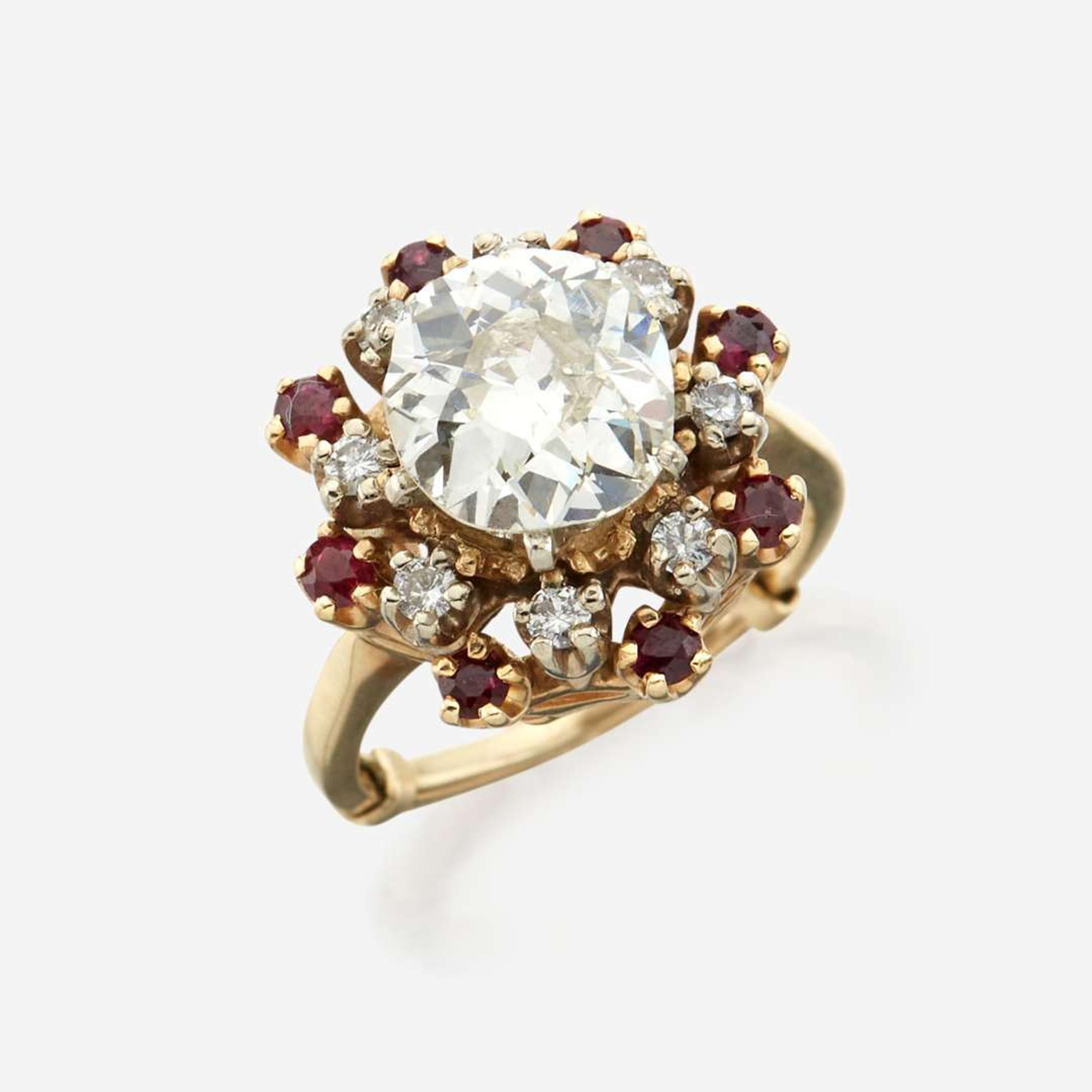 A diamond, ruby, and gold ring