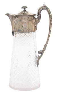 A French Silver Plate Mounted Diamond Cut Crystal Claret Jug Height 11 3/4 inches. — 19TH CENTURY