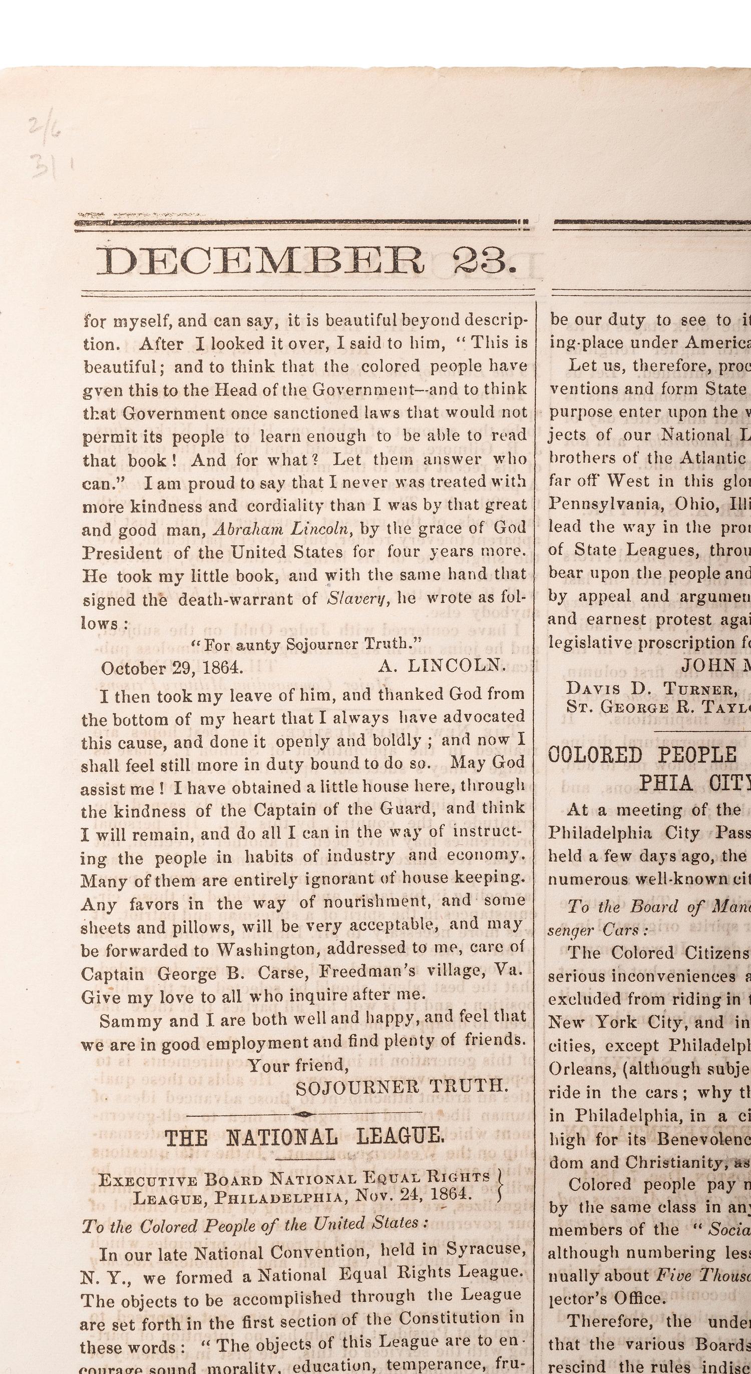 [ABOLITION] Sojourner Truth's account of meeting Lincoln featured in The Liberator . 23 Dec. 1864.