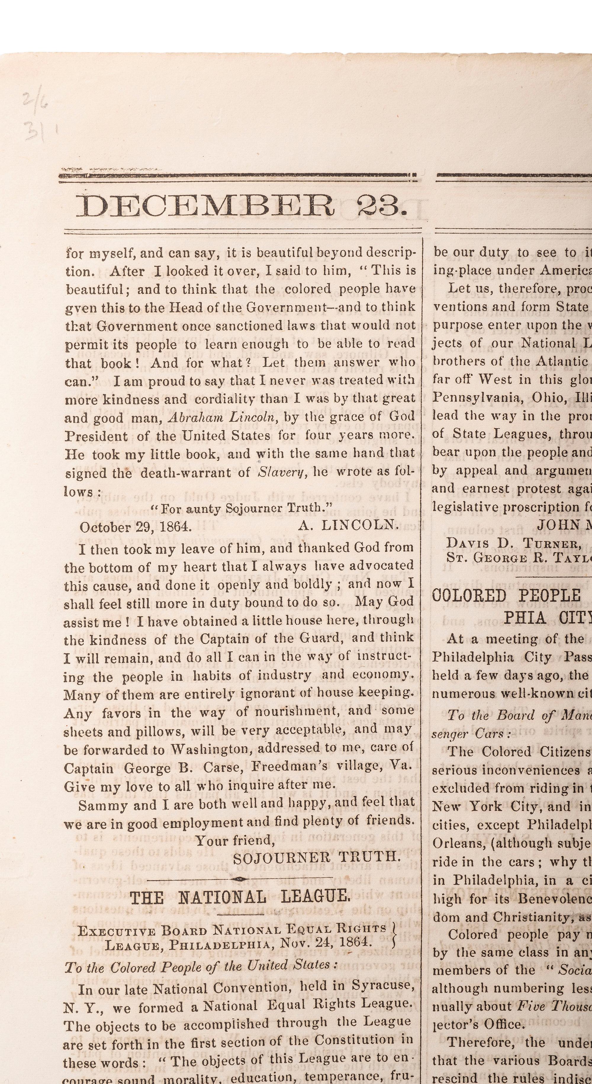 [ABOLITION] Sojourner Truth's account of meeting Lincoln featured in The Liberator . 23 Dec. 1864.