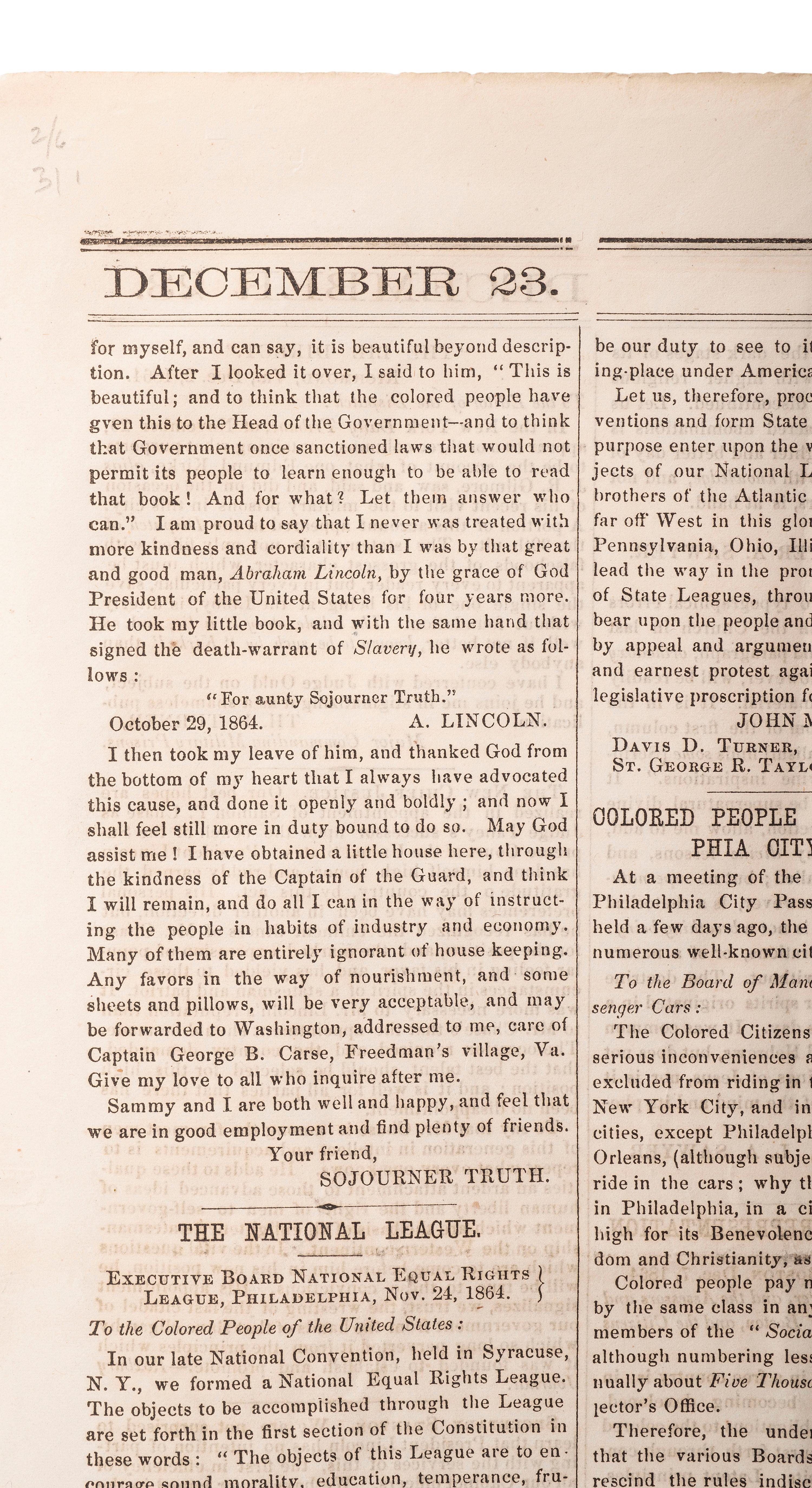 [ABOLITION] Sojourner Truth's account of meeting Lincoln featured in The Liberator . 23 Dec. 1864.