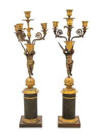 A Pair of Empire Style Gilt and Patinated Bronze Figural Candelabra