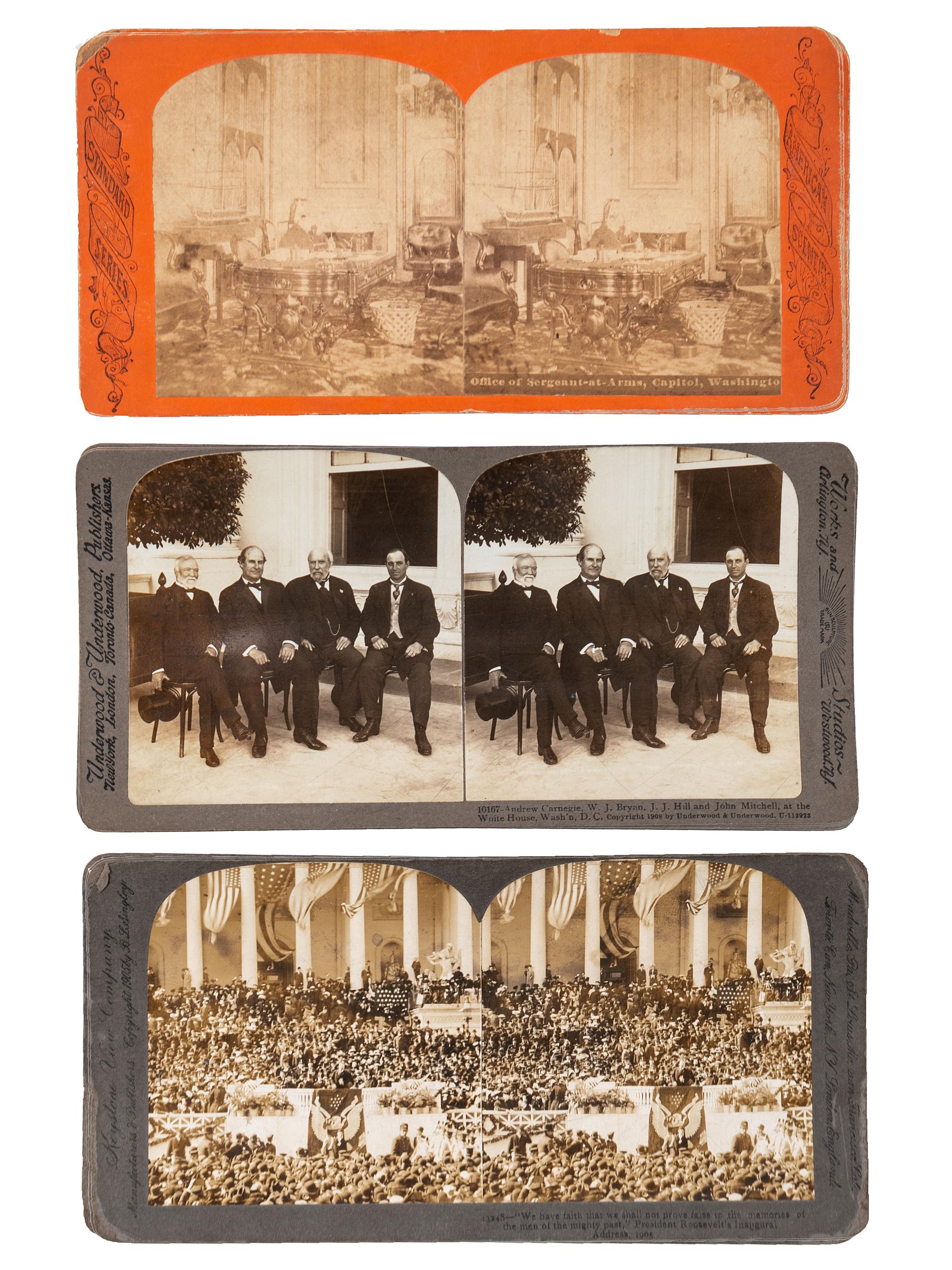 [EARLY PHOTOGRAPHY]. A group of approx. 95 stereoviews highlighted by images of US presidents, views in and around Washington, DC and Mount Vernon, and African American and female subjects.