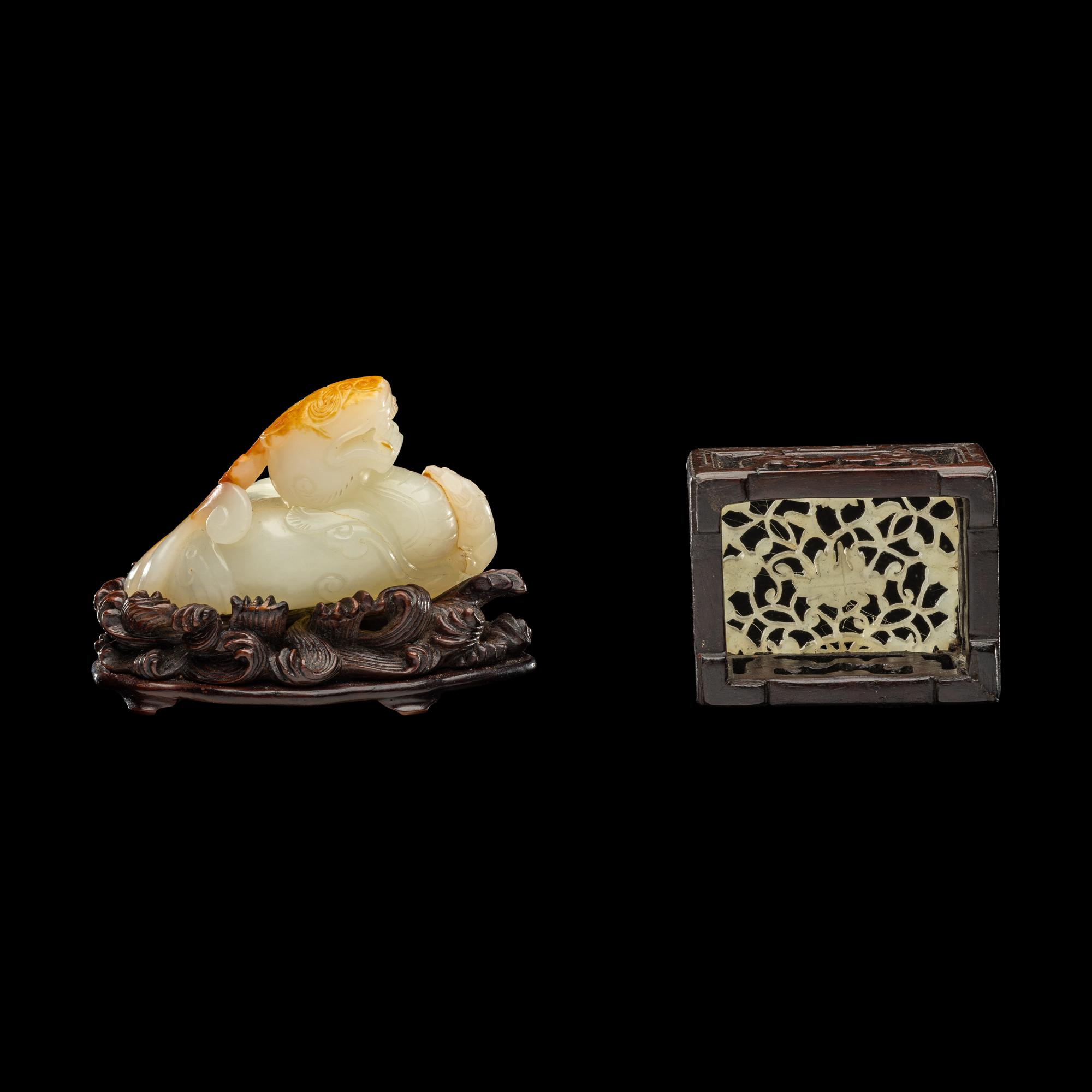 Two Chinese Carved Jade Articles 白玉天祿及青玉鏤雕蓮紋墨床