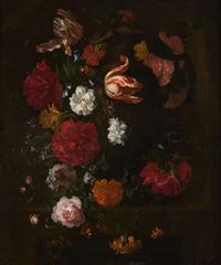 Ernst Stuven (German, 1657-1712) - Tulips, Marigolds, Roses, Hollyhocks, Peonies and other Flowers in a Sculpted Urn in a Stone Niche