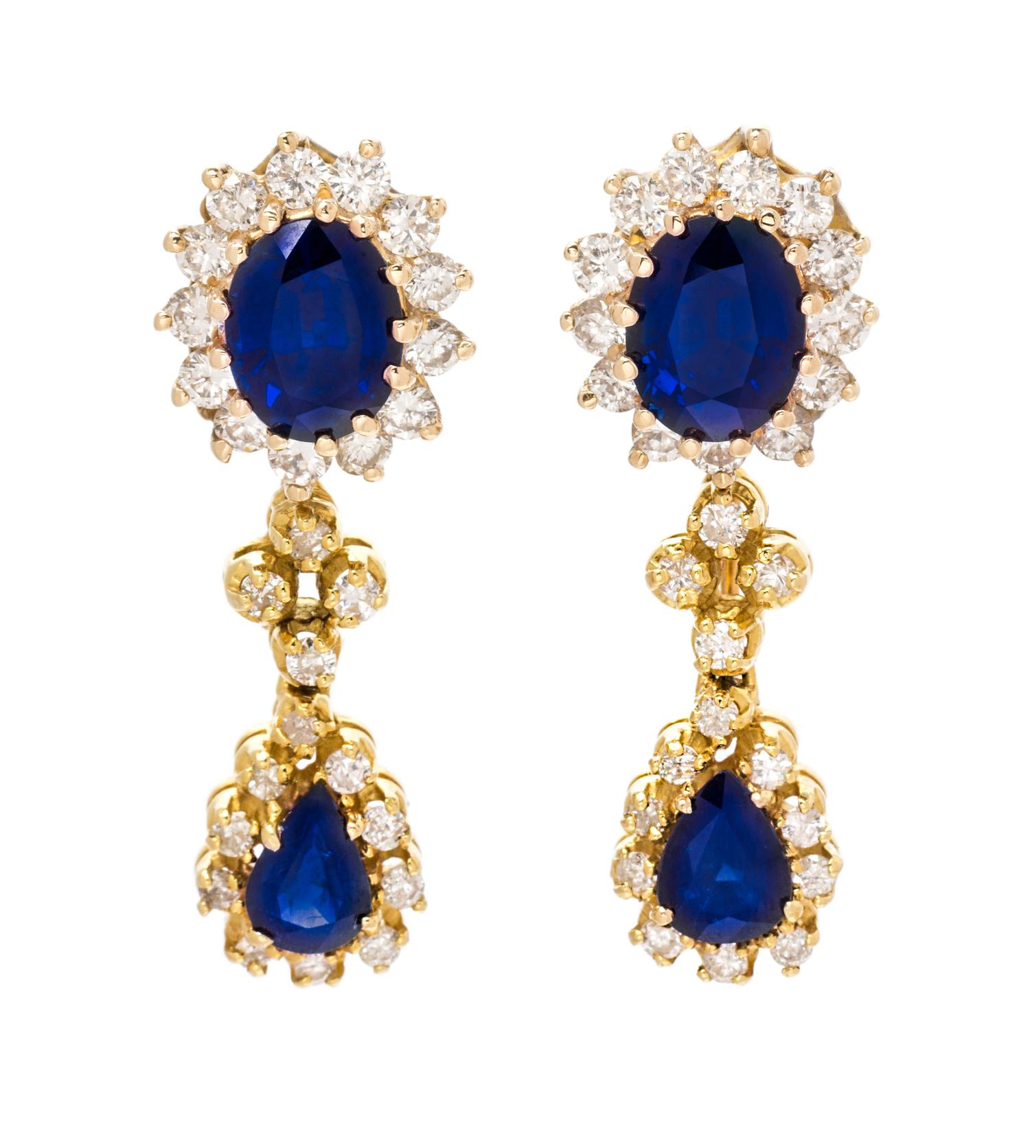 A Pair of Yellow Gold, Sapphire and Diamond Convertible Day/Night Earrings, 7.80 dwts.