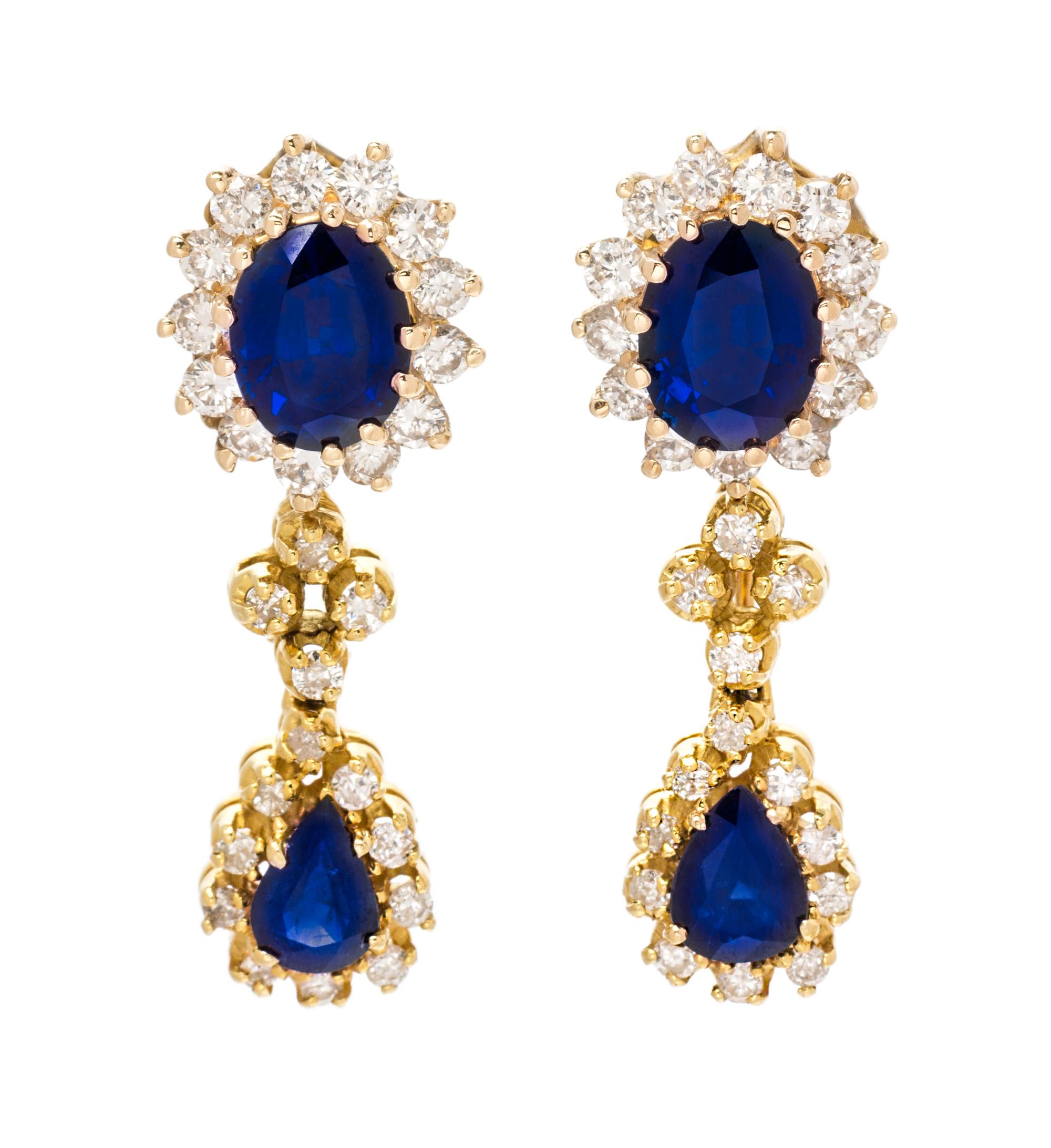 A Pair of Yellow Gold, Sapphire and Diamond Convertible Day/Night Earrings, 7.80 dwts.