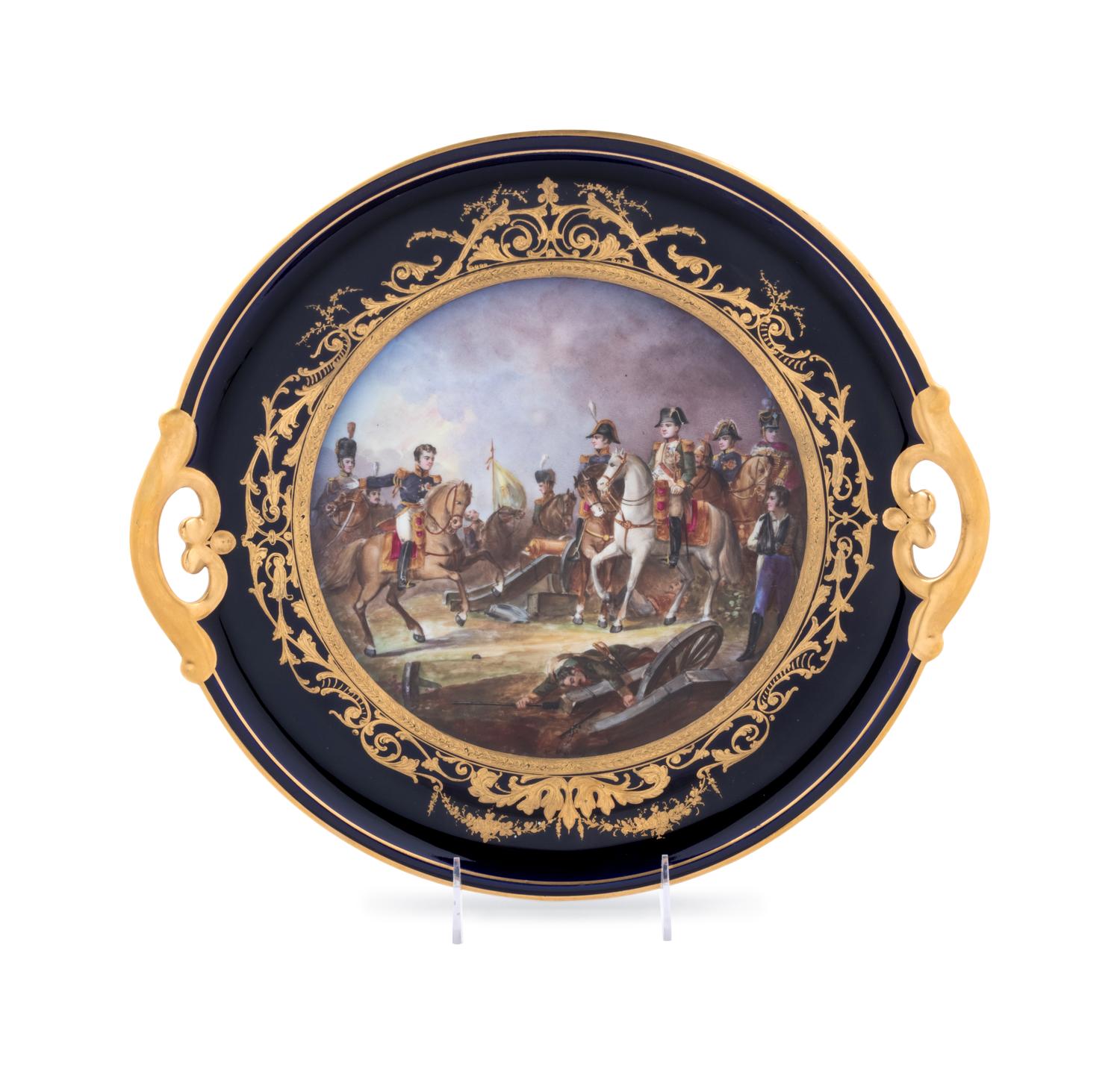A Sèvres Style Painted and Parcel Gilt Napoleonic Porcelain Two-Handled Tray