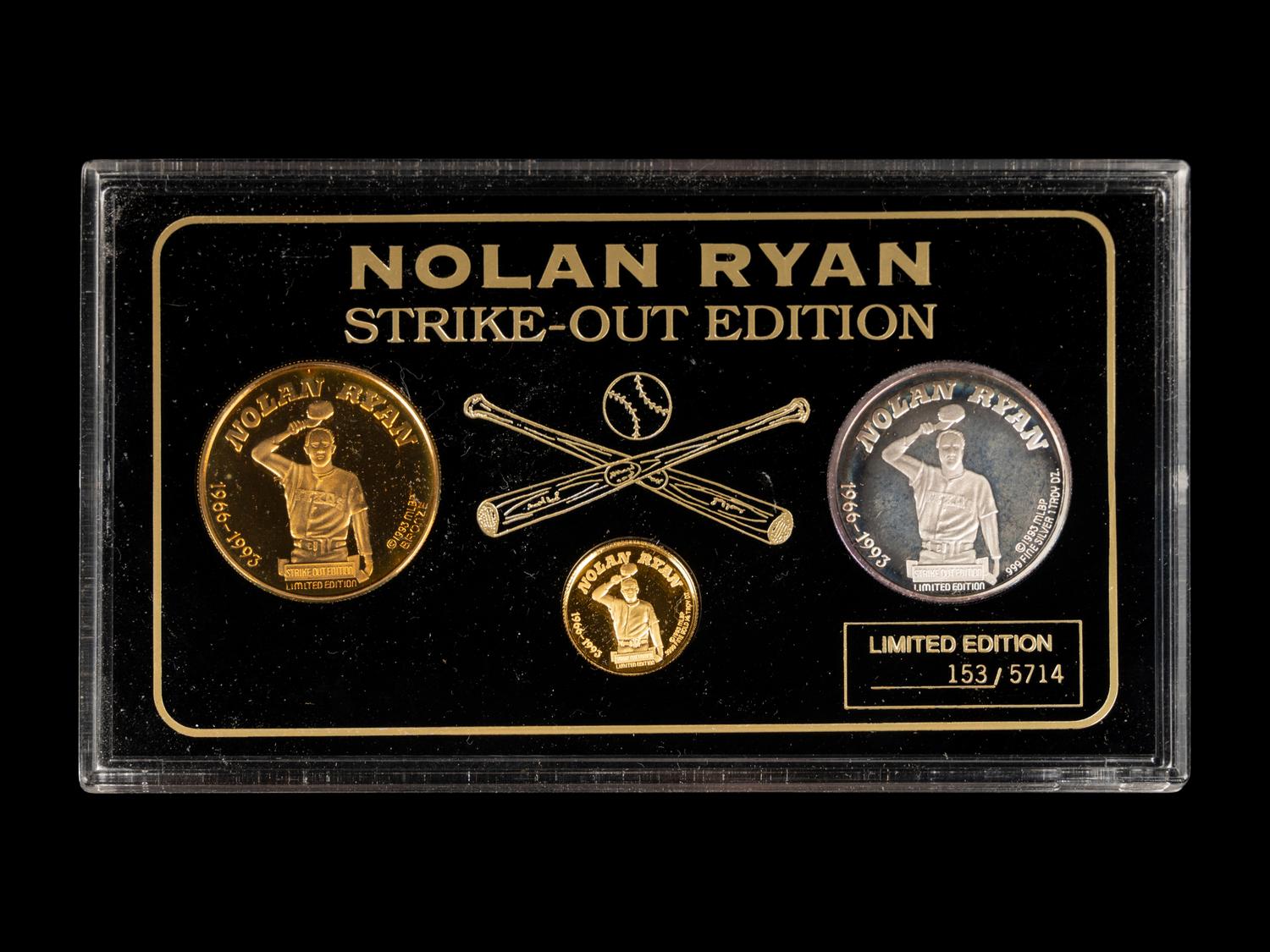 A Group of Nolan Ryan Enviromint Commemorative Coins Including One Quarter Troy Ounce .9999 Gold Coin,