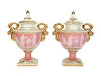 A Pair of Pâte-sur-Pâte Style Porcelain Urns with Gilt Dolphin Handles