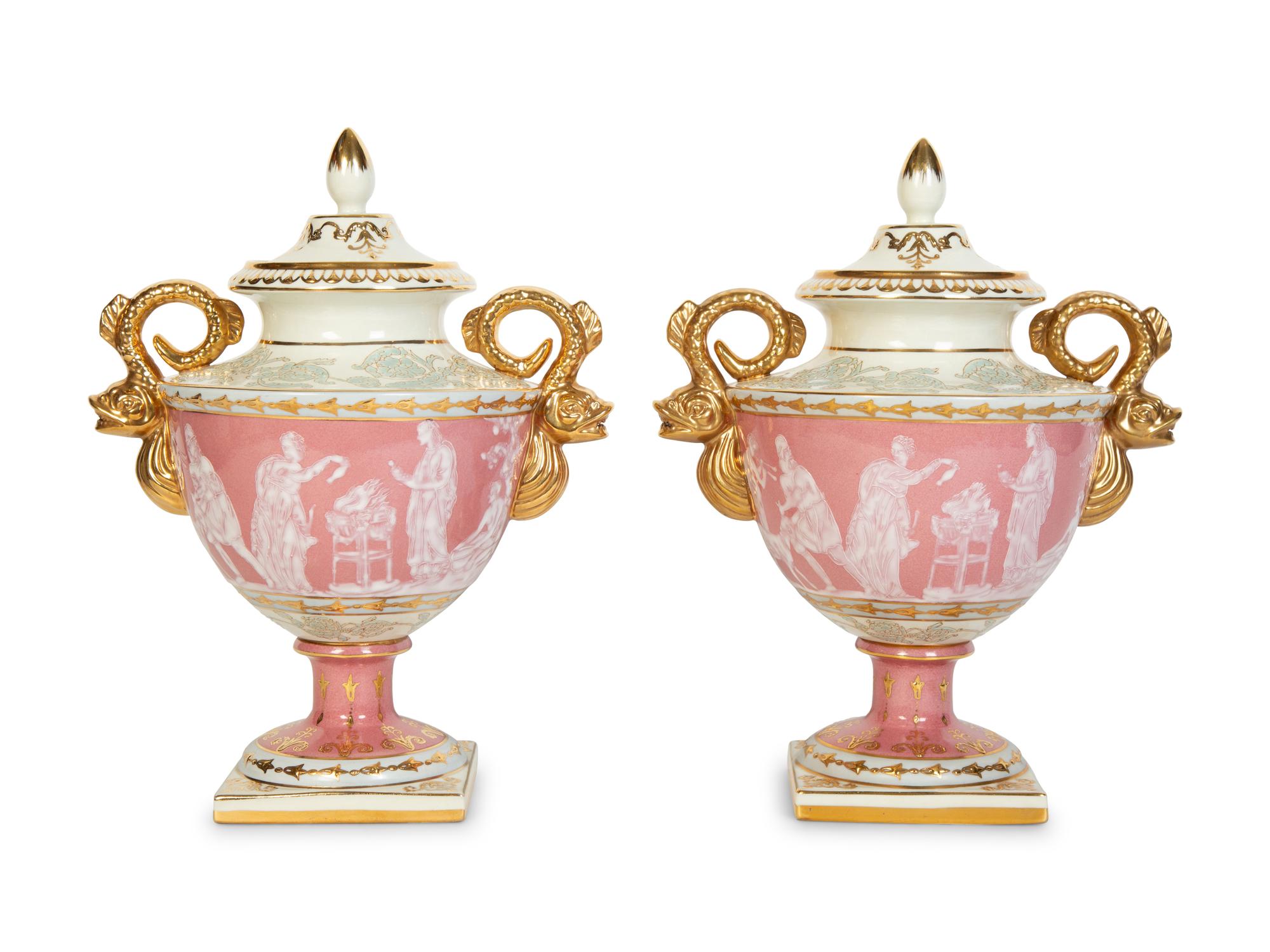 A Pair of Pâte-sur-Pâte Style Porcelain Urns with Gilt Dolphin Handles
