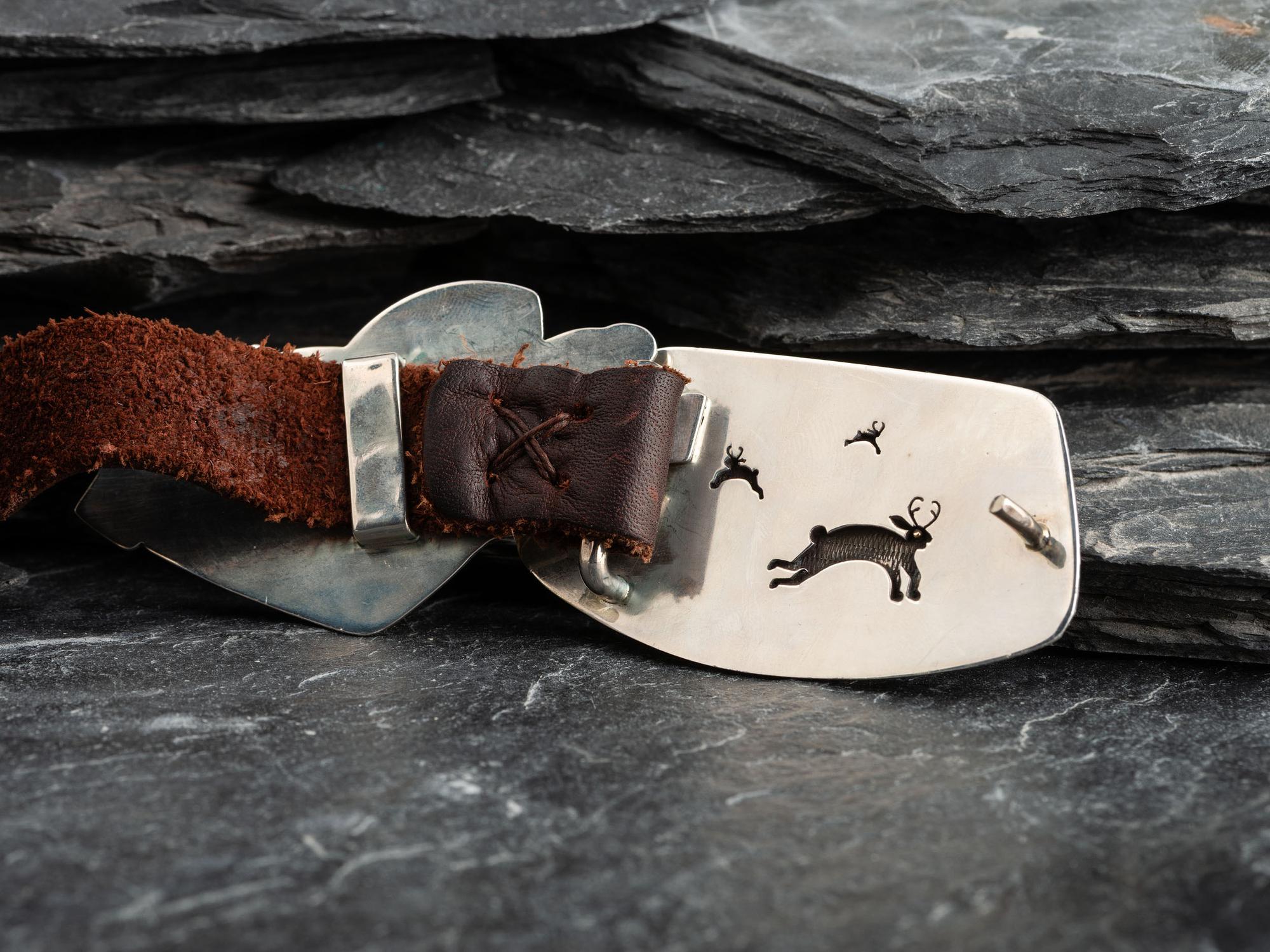 Silver and 24K Gold Figural Concha Belt, with Multi-stone Inlay