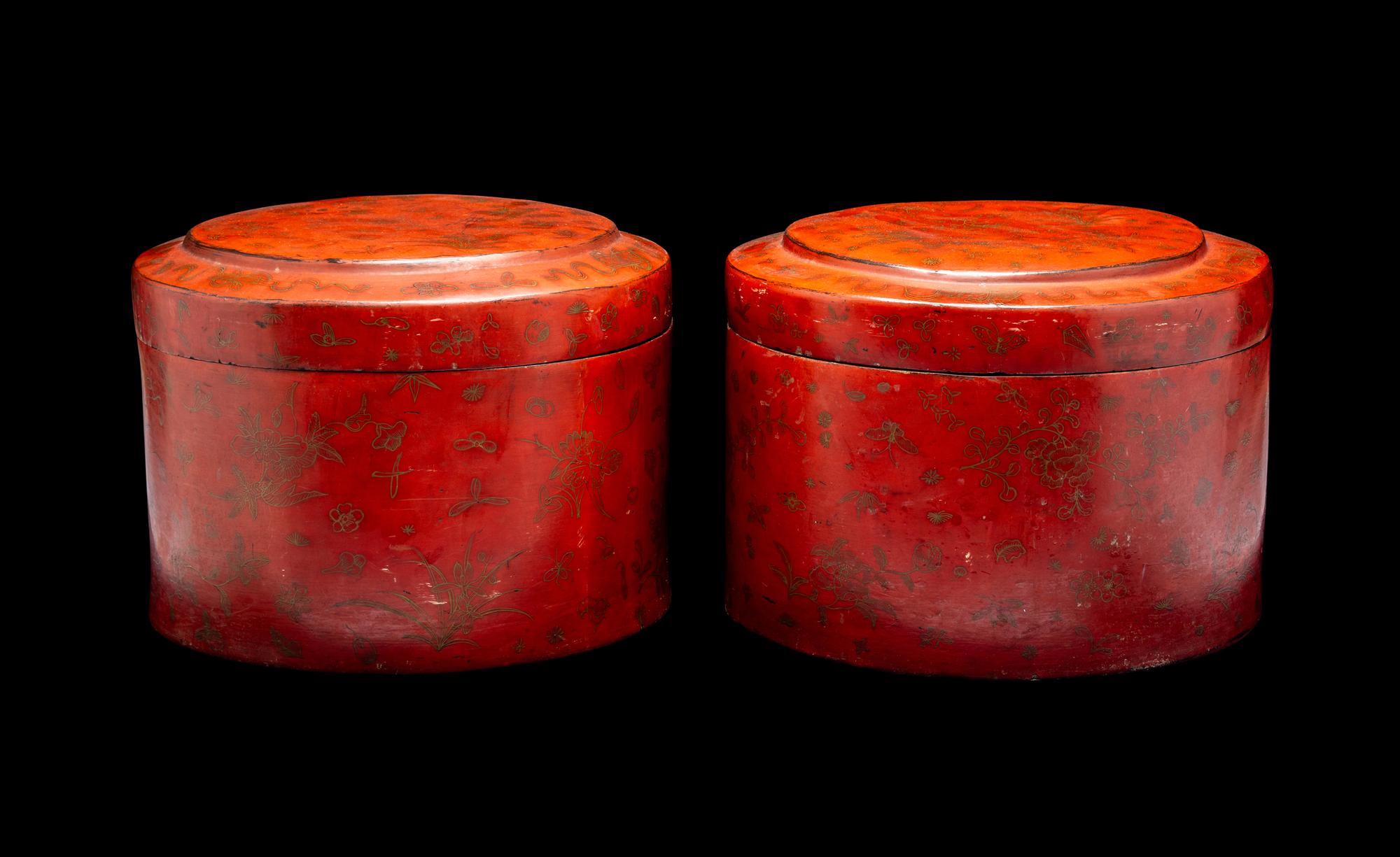 A Pair of Chinese Gilt Decorated Red Lacquer Hat Boxes