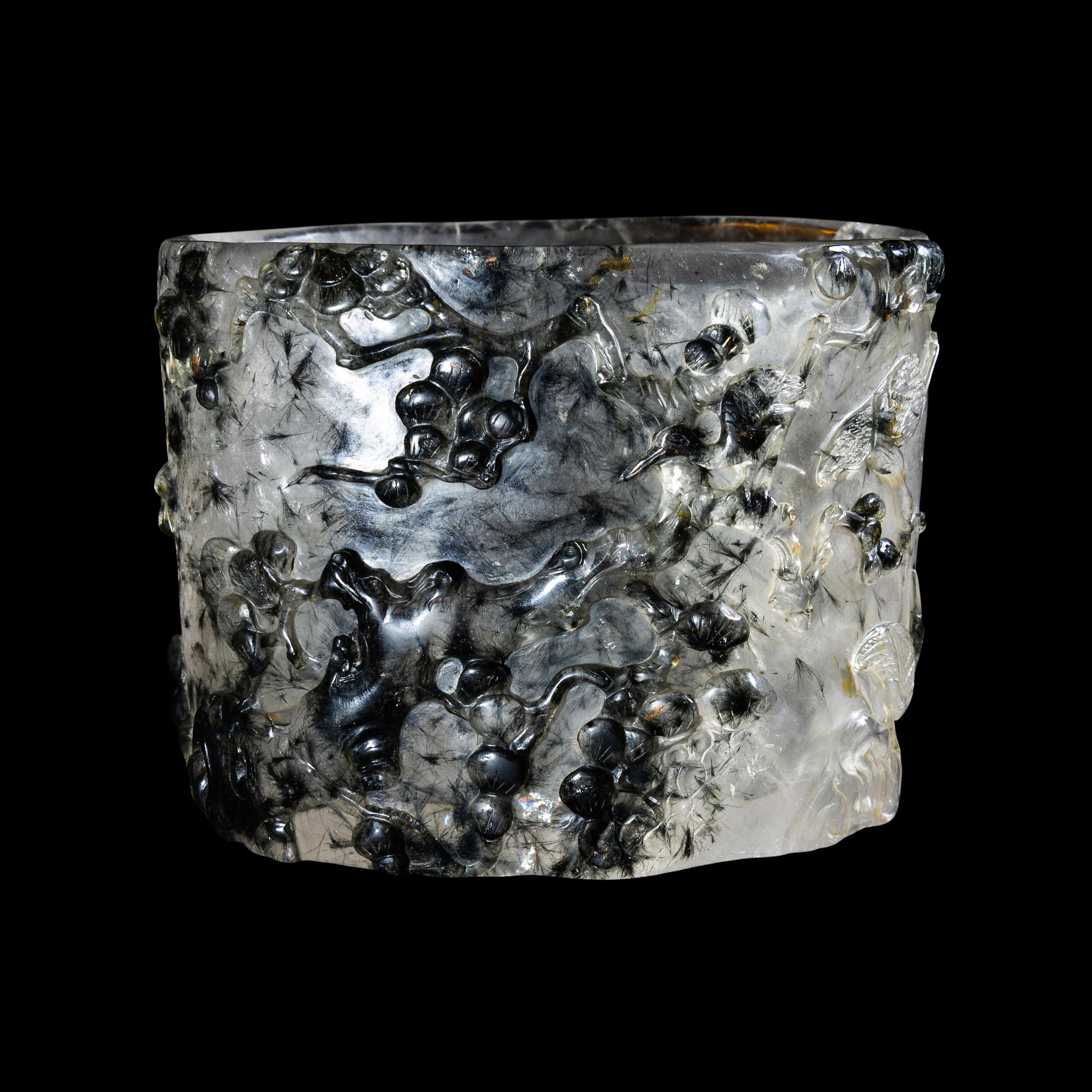 An Unusual Chinese Carved Rutile Quartz 'Pine and Cranes' Brushpot, Bitong 髮晶雕松鶴筆筒