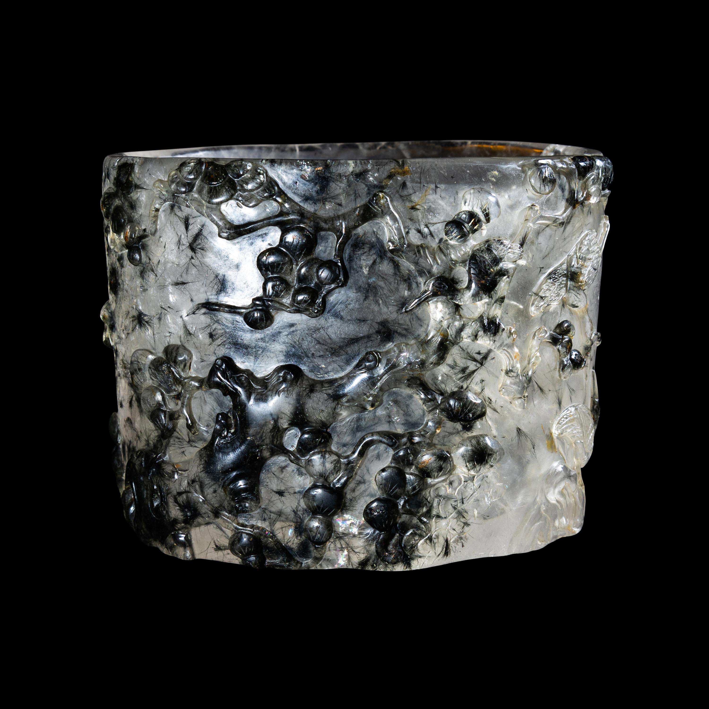 An Unusual Chinese Carved Rutile Quartz 'Pine and Cranes' Brushpot, Bitong 髮晶雕松鶴筆筒