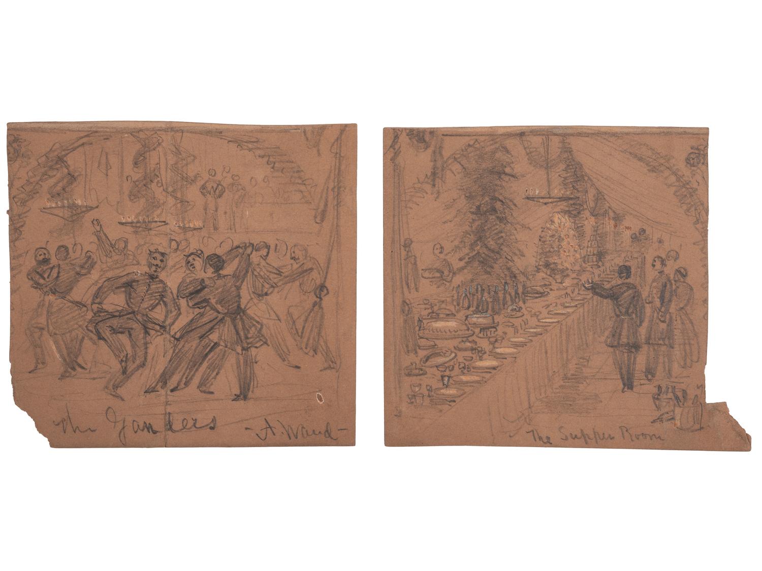 [CIVIL WAR]. WAUD, Alfred R. (1828-1891), artist. A group of 2 Civil War-period sketches of the Military Ball of the Third Corps, Army of the Potomac, February 1864.
