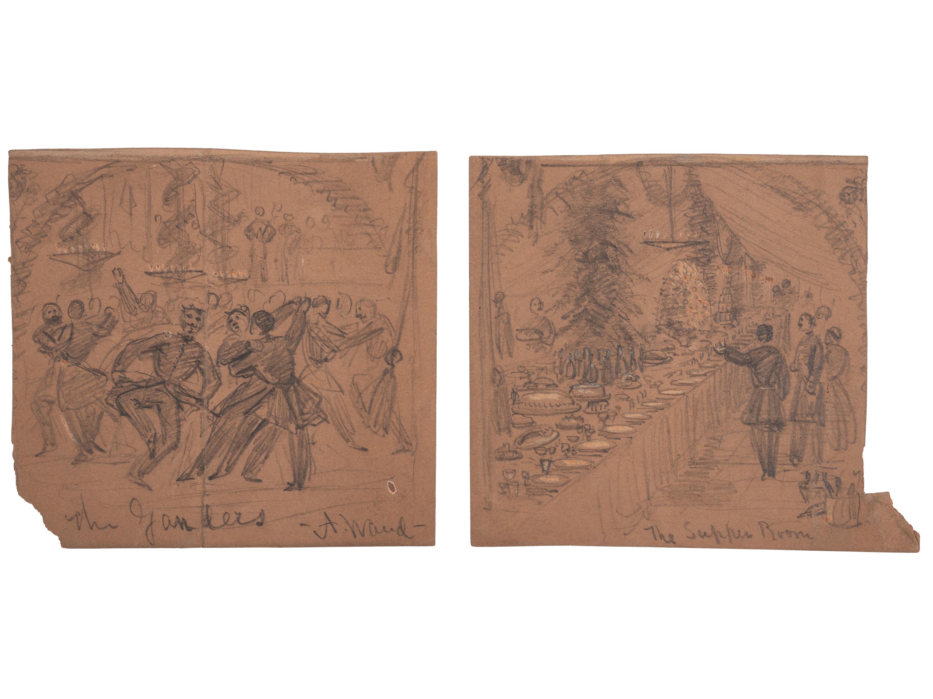 [CIVIL WAR]. WAUD, Alfred R. (1828-1891), artist. A group of 2 Civil War-period sketches of the Military Ball of the Third Corps, Army of the Potomac, February 1864.