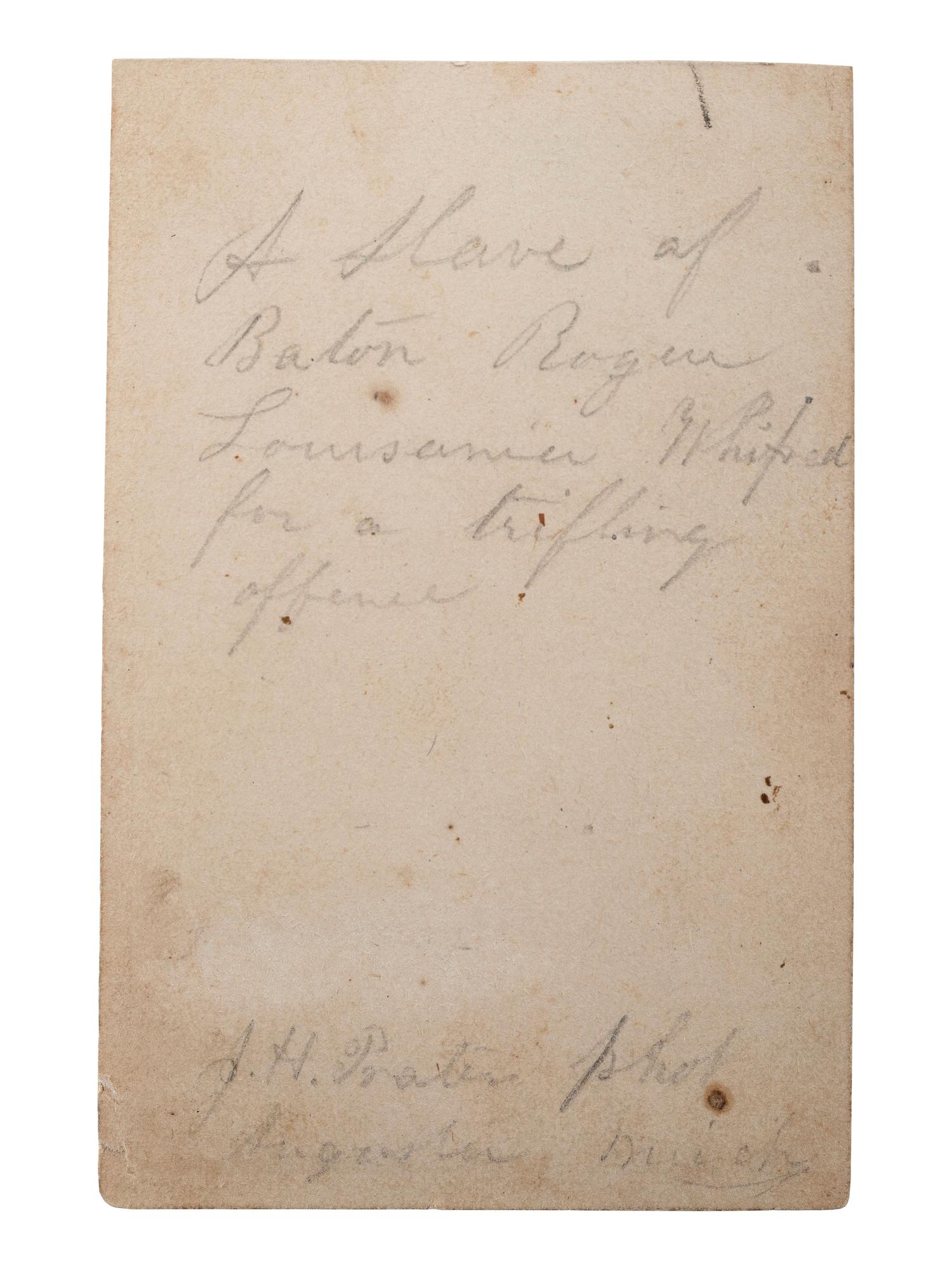 [SLAVERY & ABOLITION]. CDV of an enslaved African American "Gordon" displaying his scars. [Baton Rouge]: [McPherson & Oliver], ca 1863.