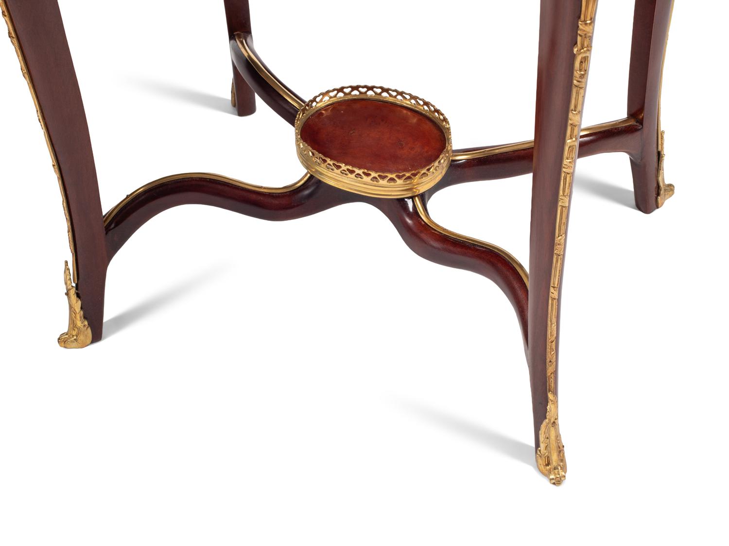 A Pair of Louis XV Style Gilt Bronze Mounted Walnut Marble-Top Side Tables