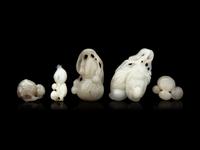 Five Chinese Carved Celadon Jade Figures of Fruits