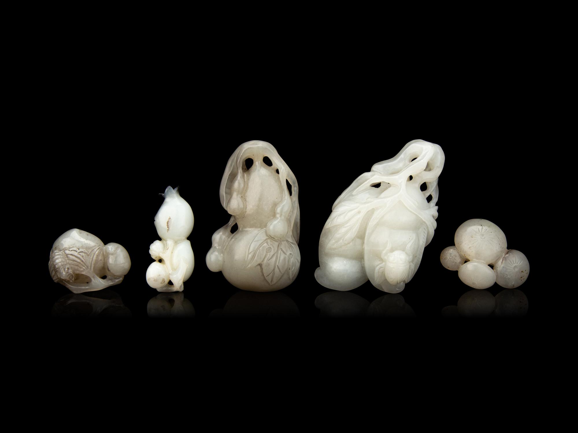 Five Chinese Carved Celadon Jade Figures of Fruits