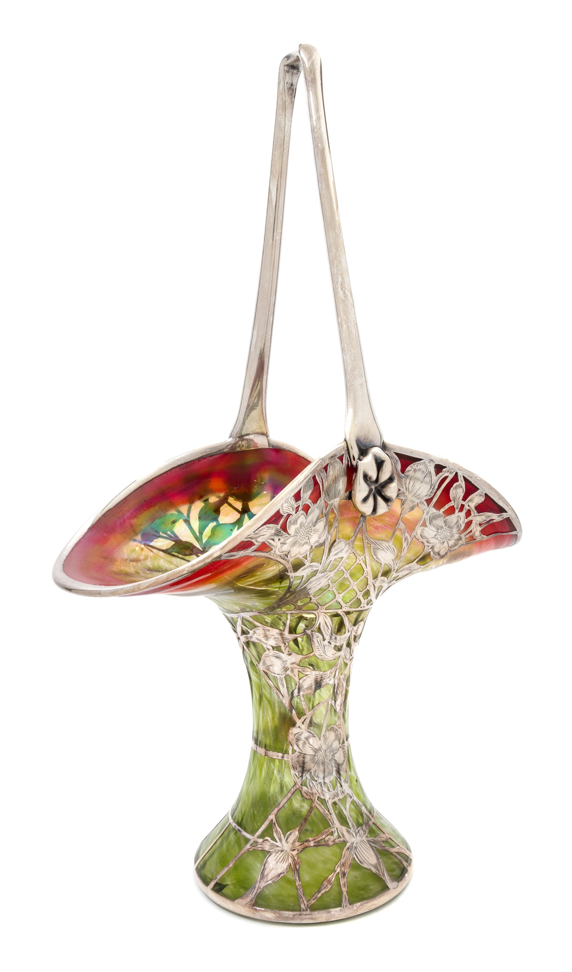 A Silver Overlay Iridescent Glass Basket Height 19 3/4 inches.