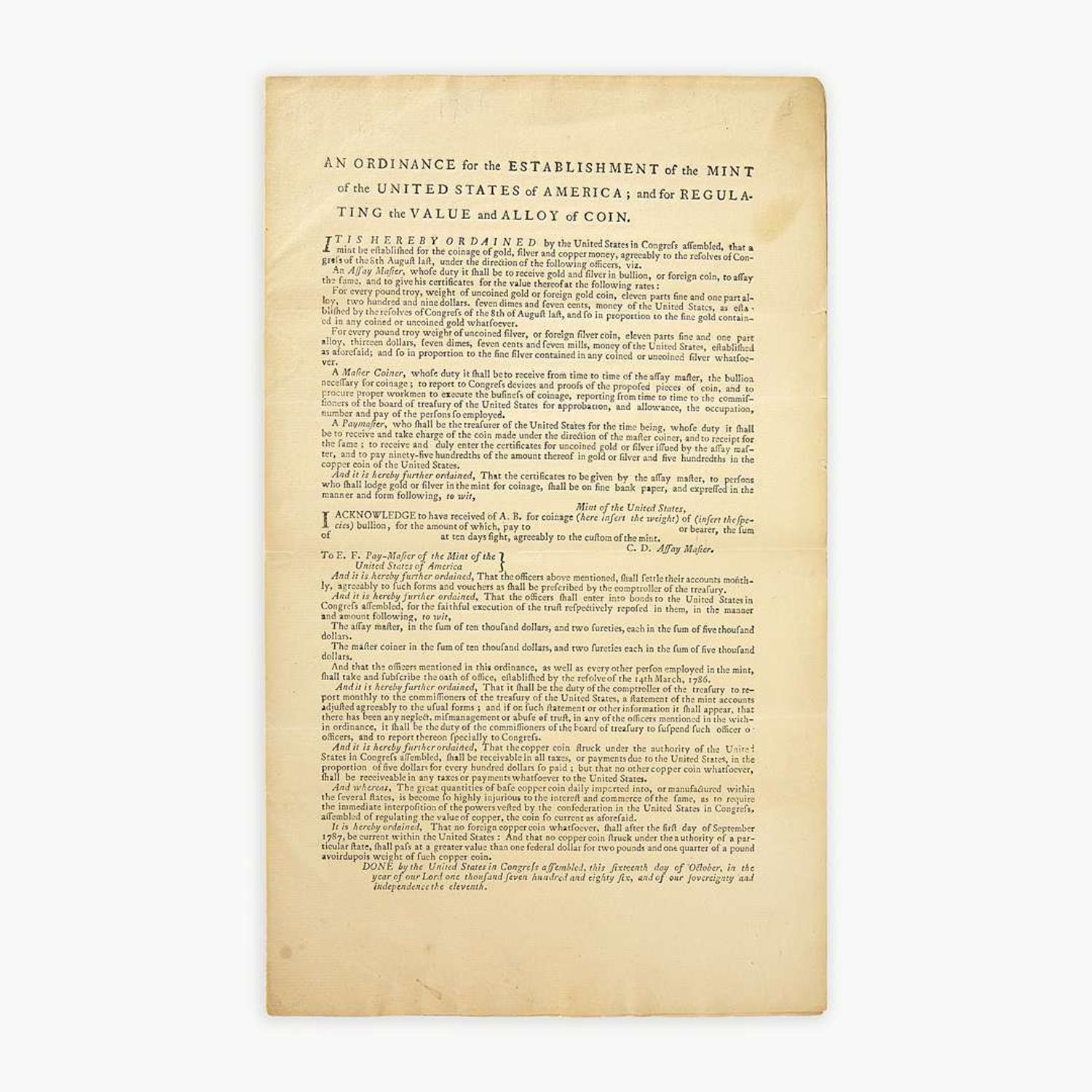 [Hamilton, Alexander] [United States Mint] An Ordinance for the Establishment of the Mint of the United States of America; and for Regulating the Value and Alloy of Coin