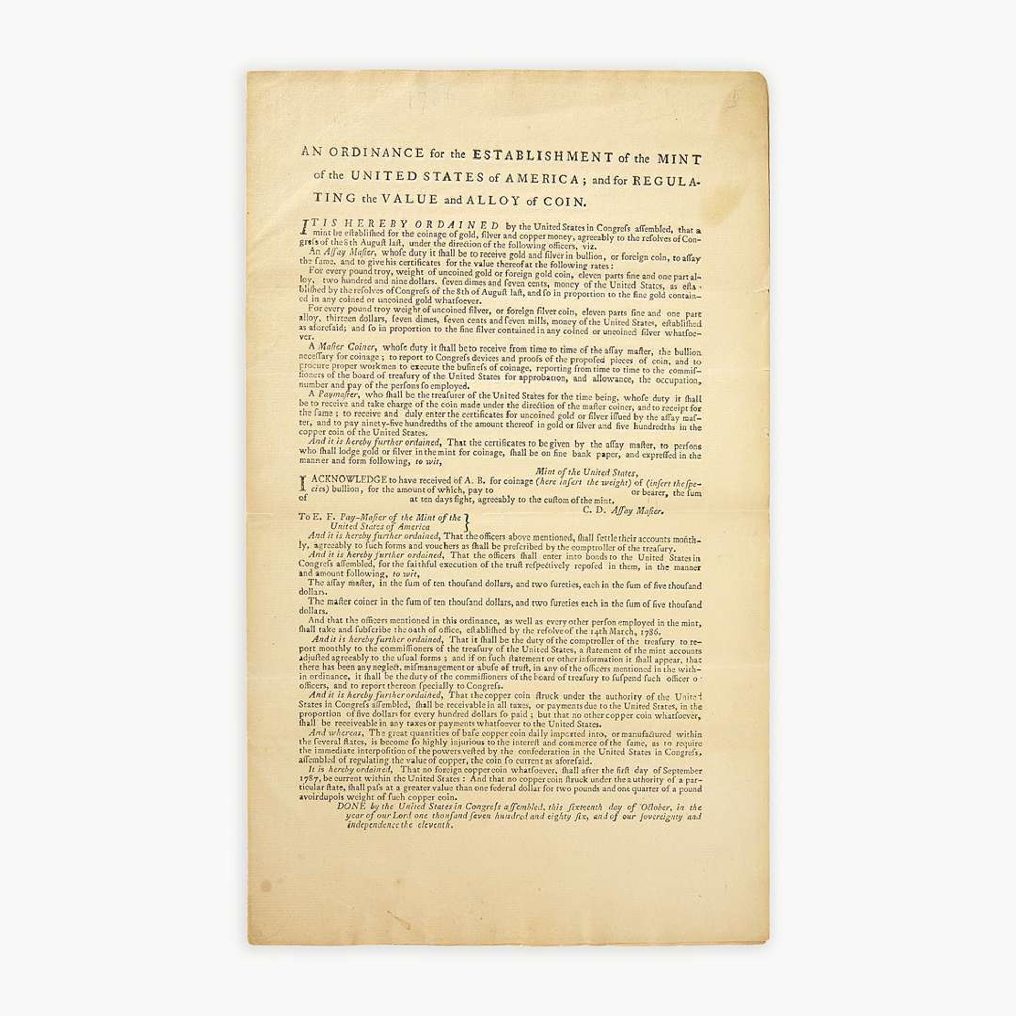 [Hamilton, Alexander] [United States Mint] An Ordinance for the Establishment of the Mint of the United States of America; and for Regulating the Value and Alloy of Coin