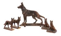 A Group of Five Bronze German Shepherds Height of tallest 12 inches.