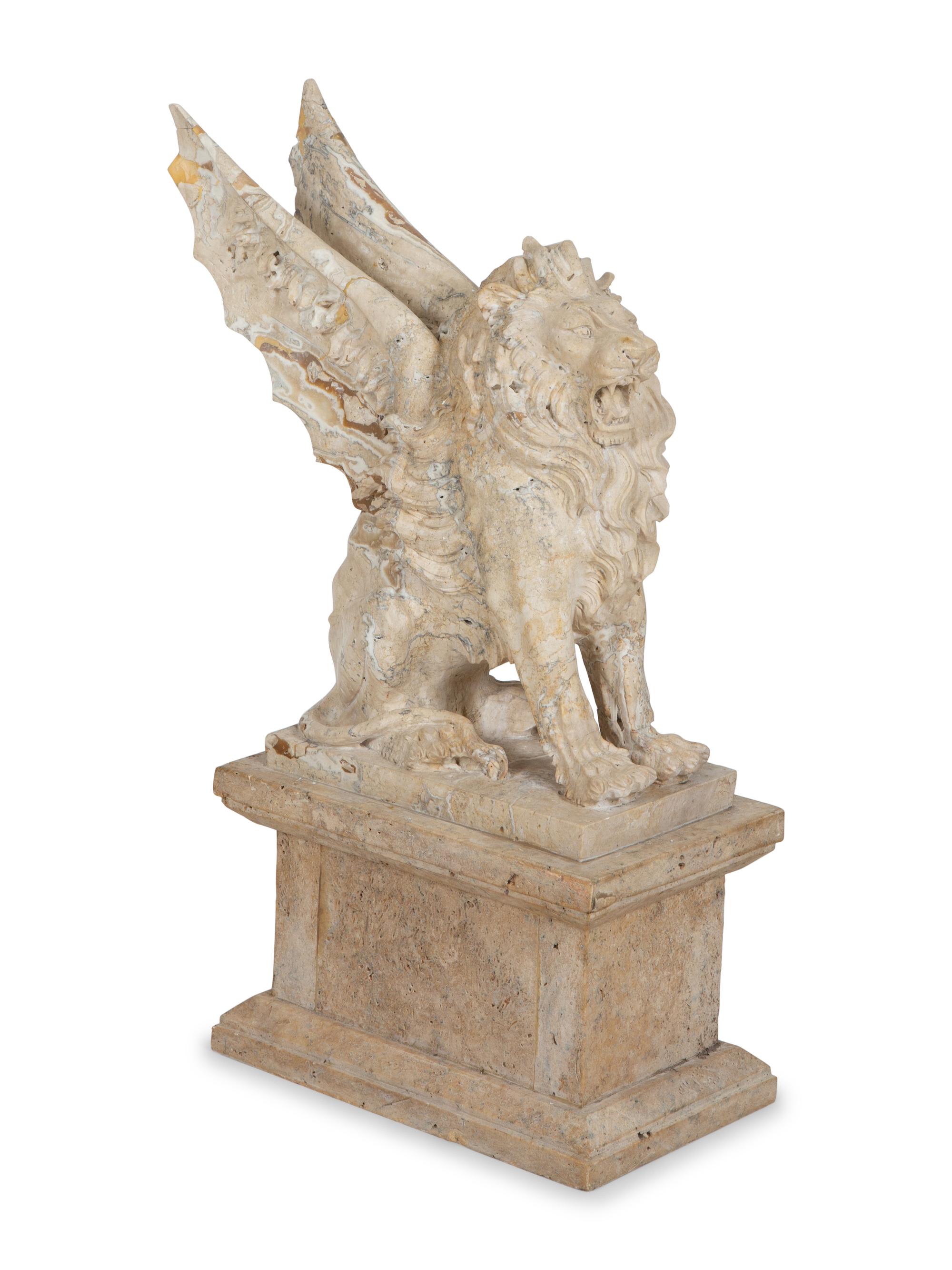 A Carved Marble Winged Seated Lion on Pedestal Base