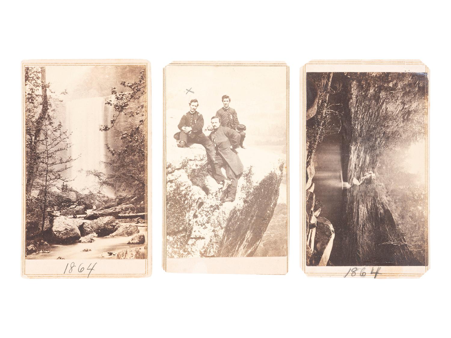 [CIVIL WAR]. LINN, R.M. (ca 1829 – 1872), photographer. A group of 3 CDVs of Lookout Mountain, incl. view of three Civil War soldiers. Point Lookout, TN, 1864.