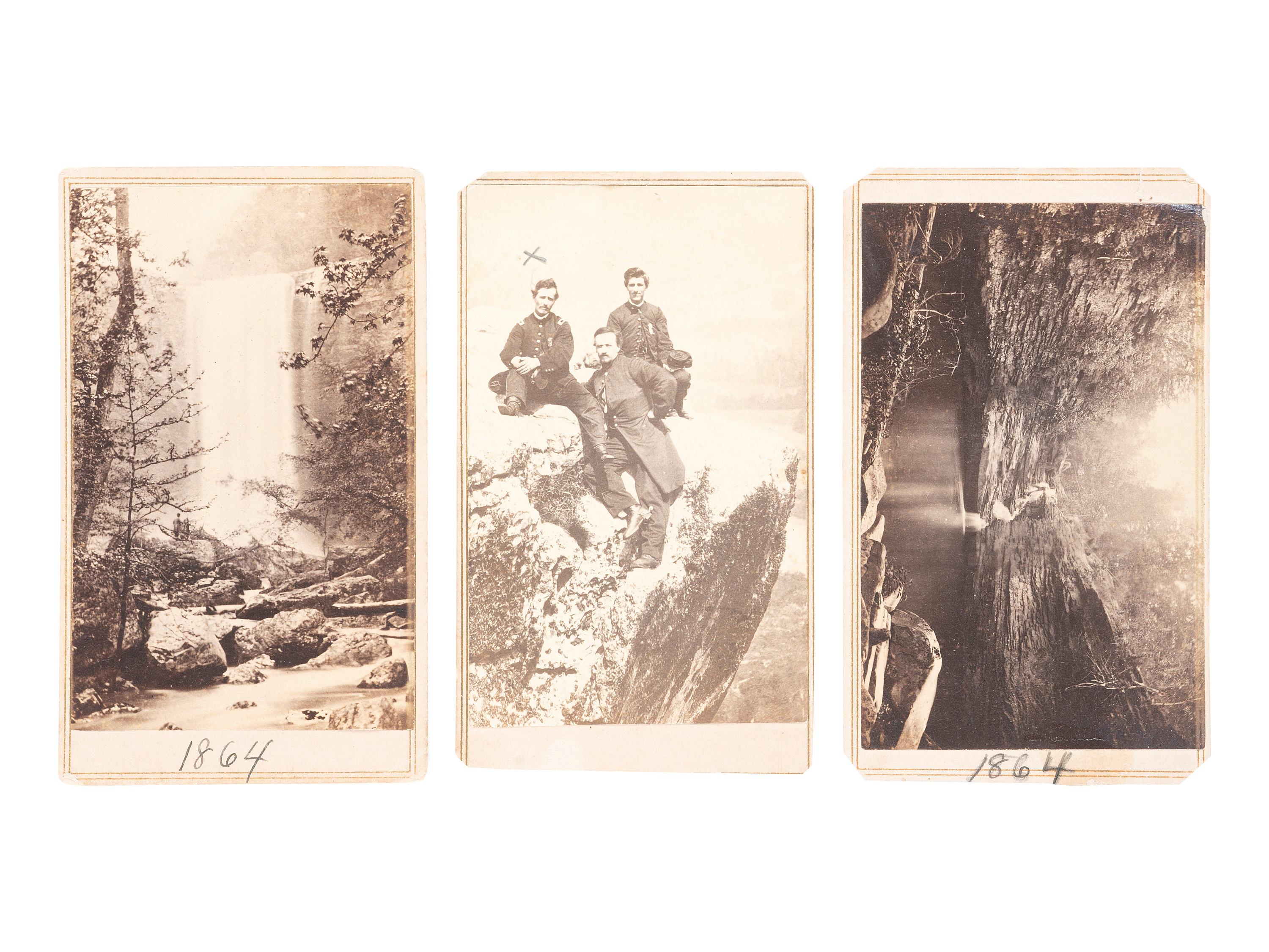 [CIVIL WAR]. LINN, R.M. (ca 1829 – 1872), photographer. A group of 3 CDVs of Lookout Mountain, incl. view of three Civil War soldiers. Point Lookout, TN, 1864.