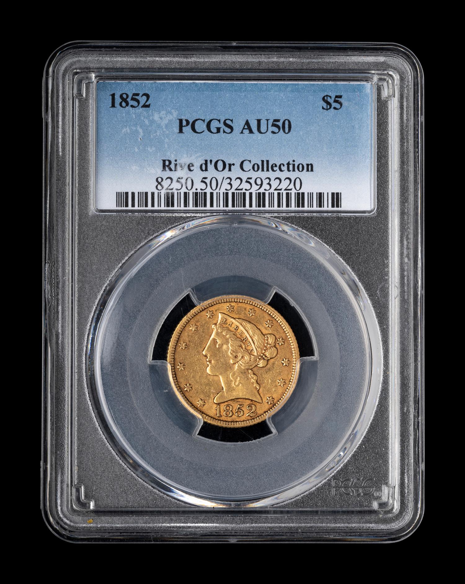 An 1852 Liberty Head $5 Gold Coin (PCGS AU50)
