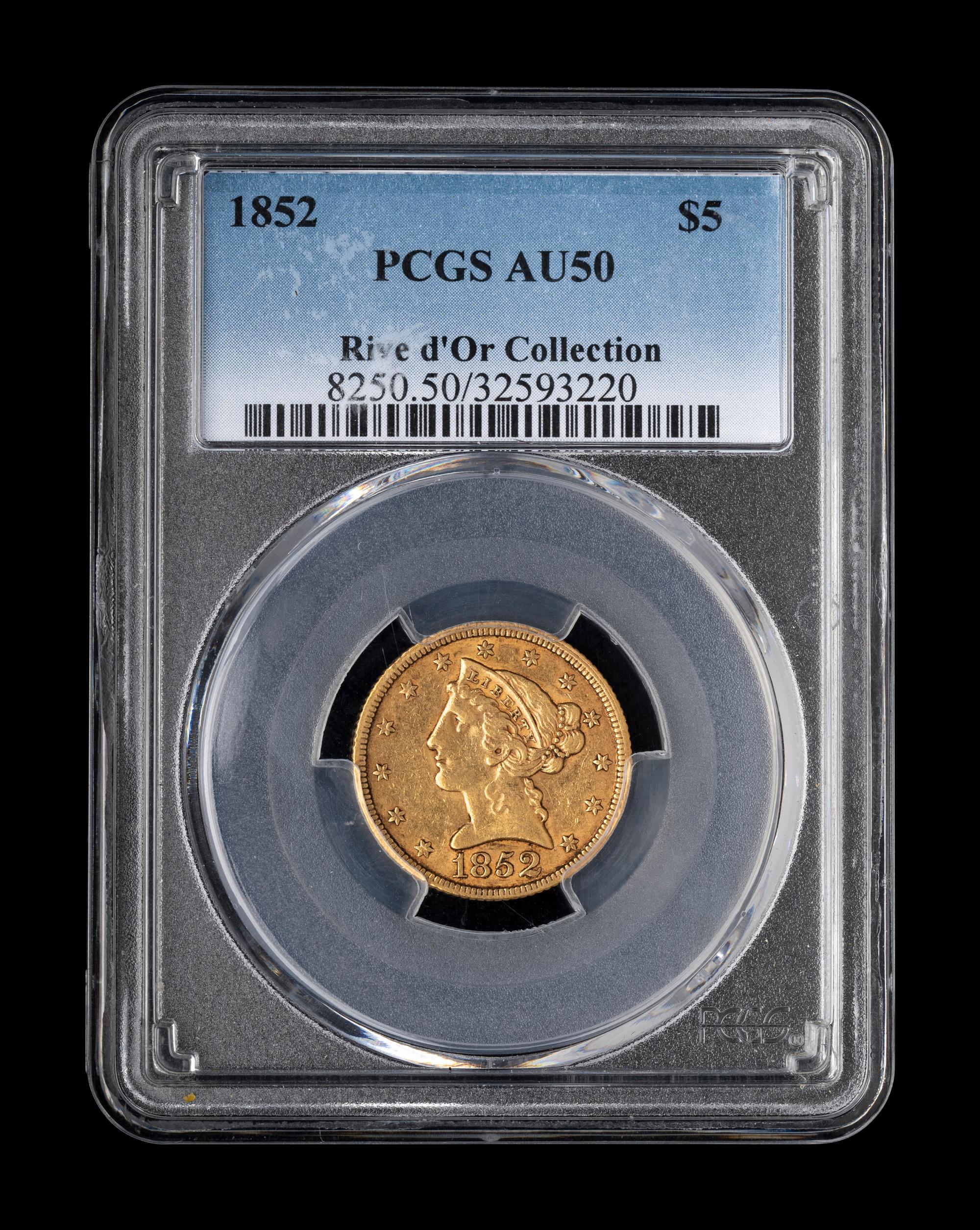 An 1852 Liberty Head $5 Gold Coin (PCGS AU50)