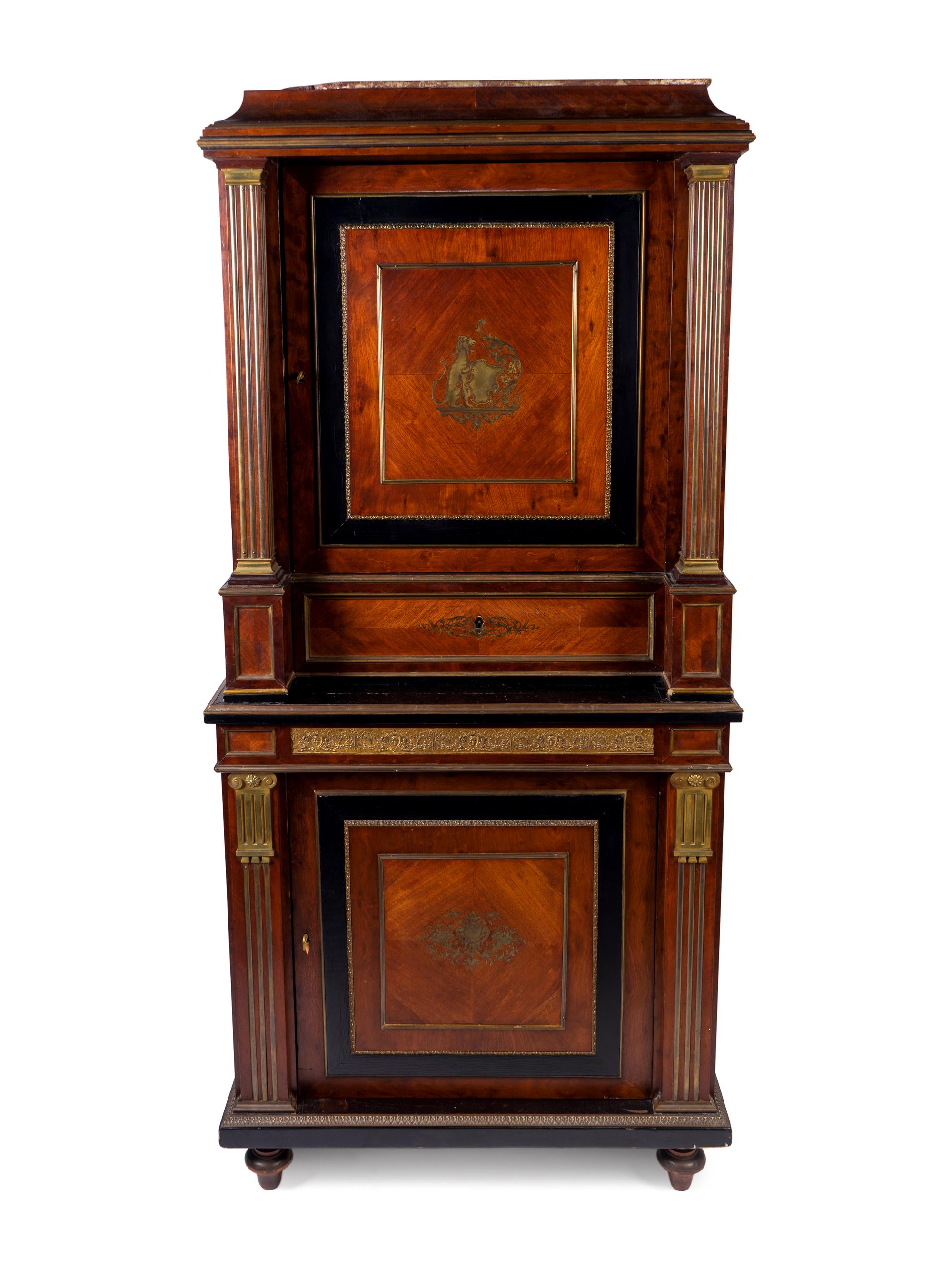 An Empire Style Brass Inlaid Kingwood Marble-Top Cabinet