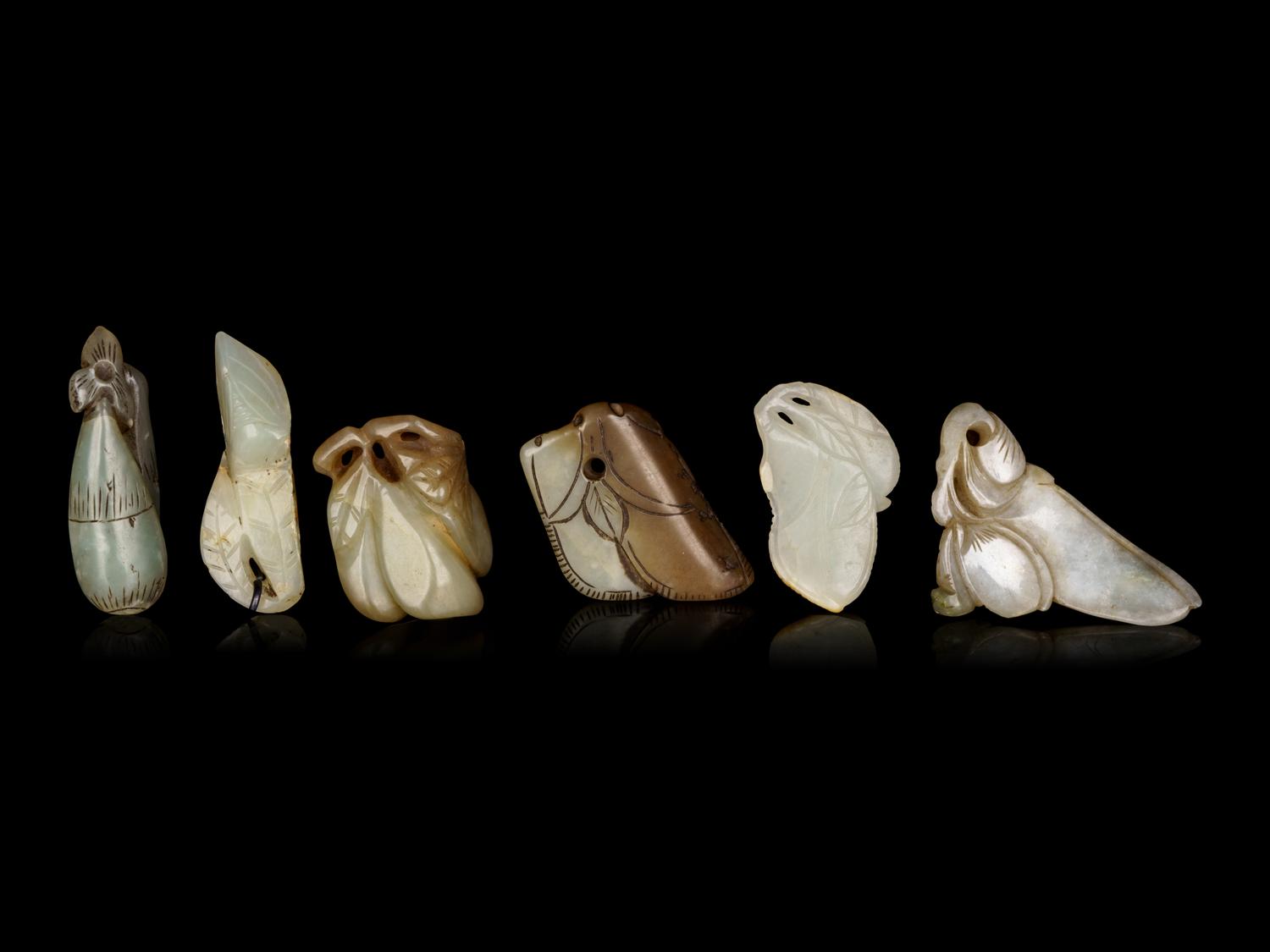 Six Chinese Celadon Jade Carvings of Aubergines