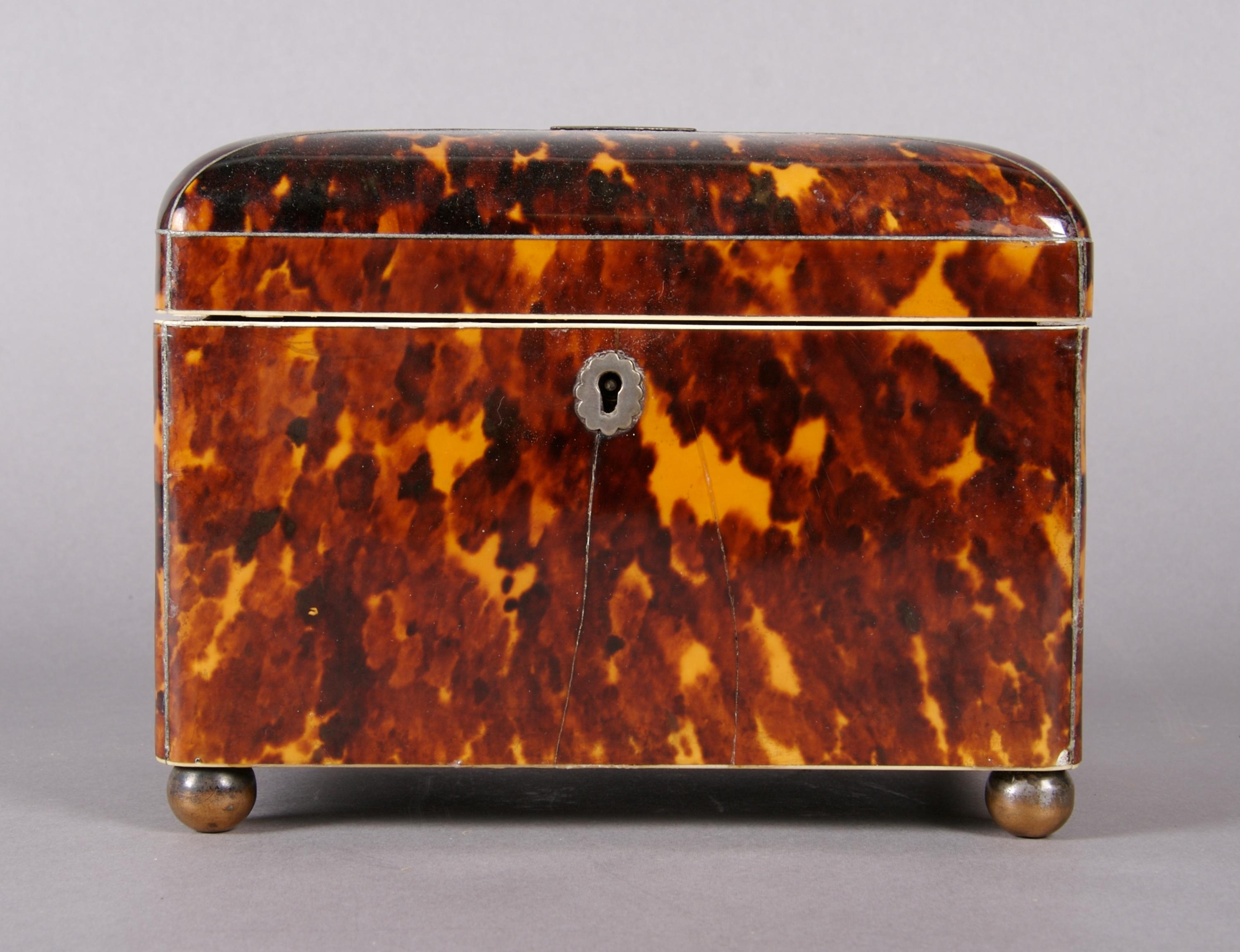 A George III Tortoise Shell Tea Caddy, Height 5 1/4 x width 7 x depth 4 1/2 inches.