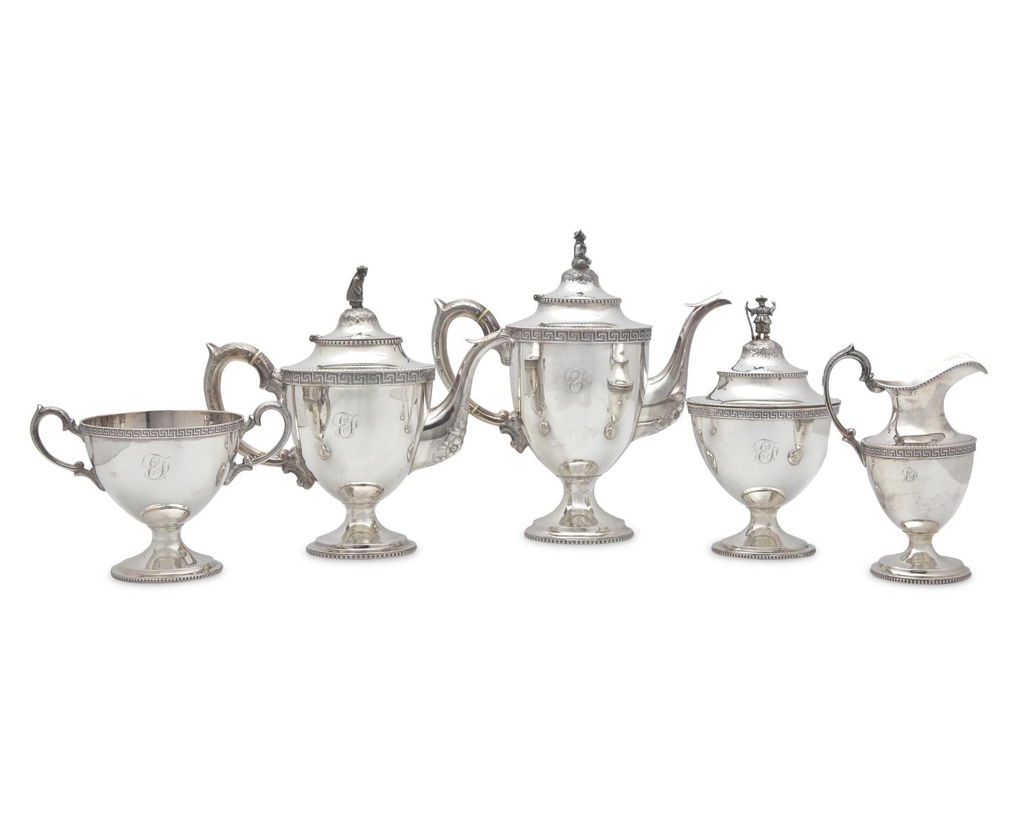 A Classical Five-Piece Coin Silver Tea Service, Robert & William Wilson (active c. 1825-1846), Philadelphia, PA, Circa 1830