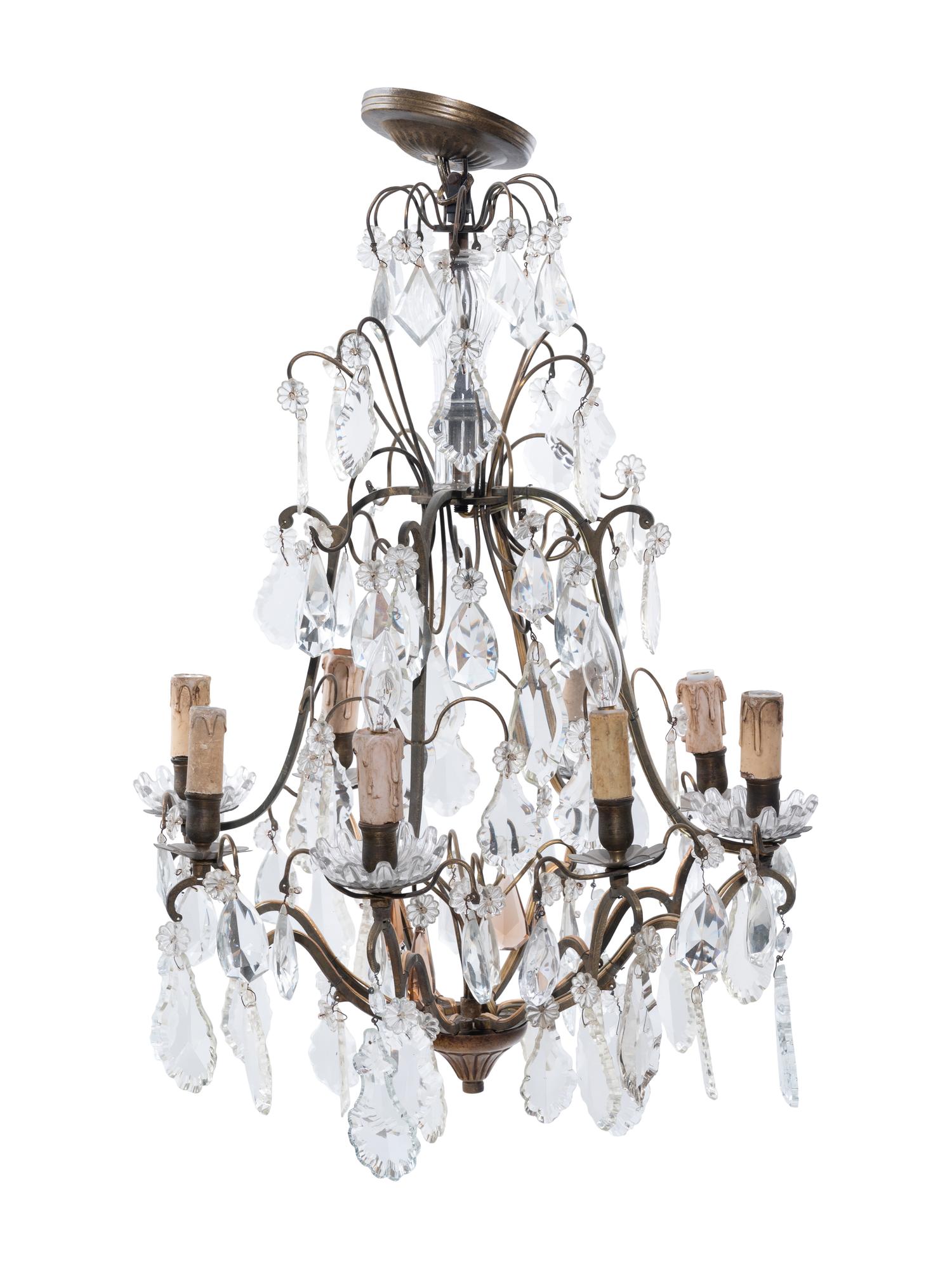 A Continental Gilt Metal and Cut Glass Eight-Light Chandelier