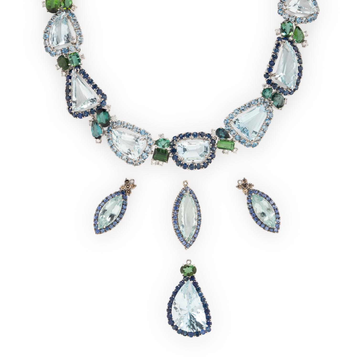 AQUAMARINE, TOURMALINE, DIAMOND, AND WHITE GOLD NECKLACE WITH CONVERTIBLE PENDANT DROPS
