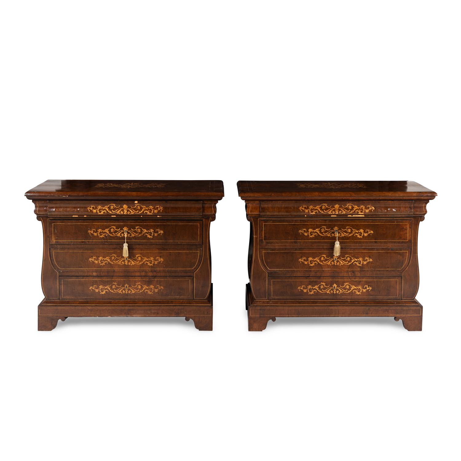 A Pair of Charles X Mahogany and Marquetry Commodes