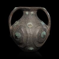 A Chinese Grey Pottery Amphora with Metal Boss Appliques, Western Han Dynasty — 西漢 黑陶嵌铜泡钉双耳壶