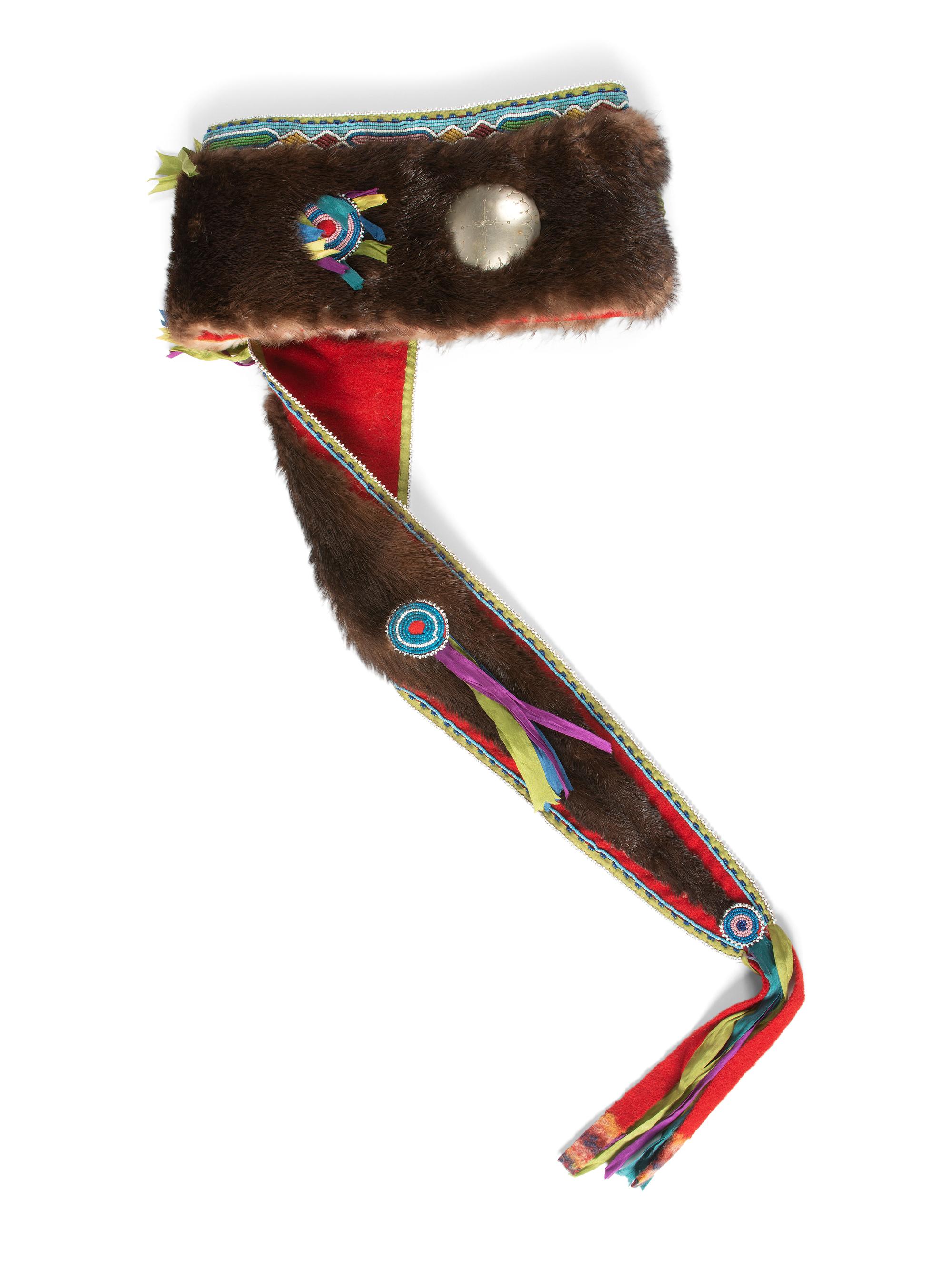 Osage Otter Fur Turban, with Beaded Rosettes and Rocker Engraved German Silver Concha