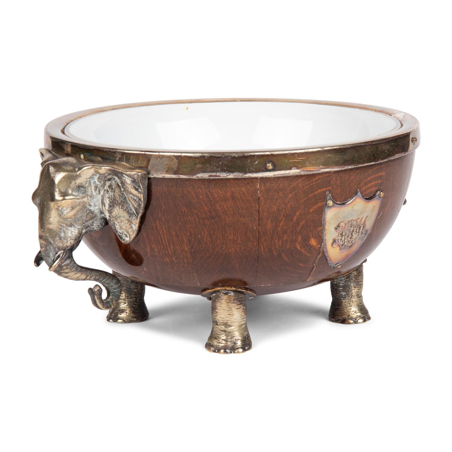 An English Silver-Plate Mounted Oak Bowl