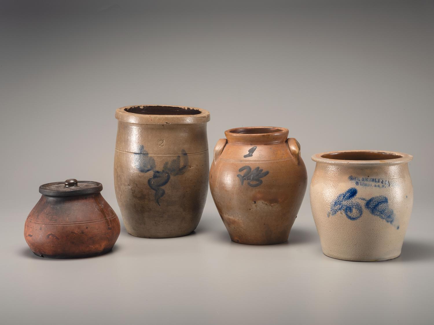 Three Cobalt Decorated Stoneware Vessels