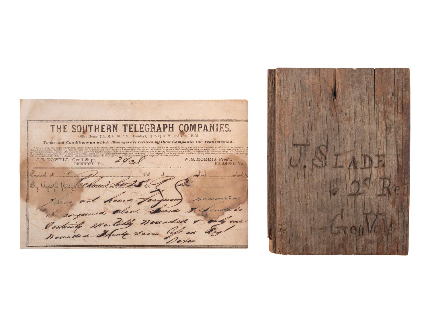 [CIVIL WAR]. John H. Slade, Company G, 2nd Georgia Infantry, DOW Antietam, temporary burial marker and telegram home.