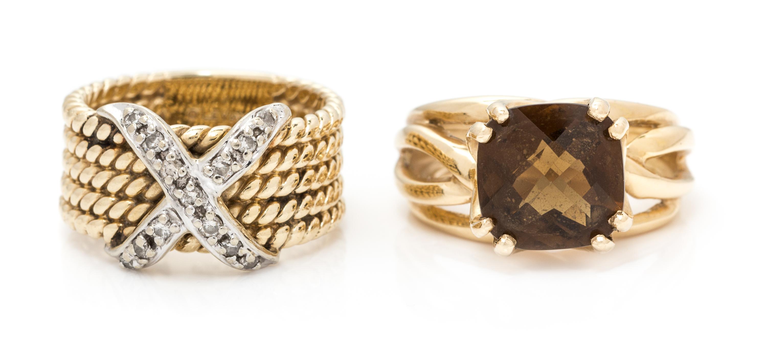 A Collection of 14 Karat Yellow Gold, Diamond and Smokey Quartz Rings, 9.40 dwts.