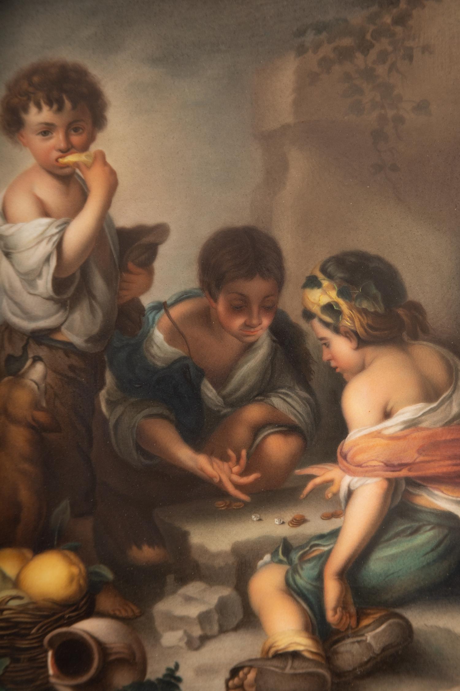 A Berlin (K.P.M.) Porcelain Plaque Depicting Three Boys Playing Dice After Bartolome Esteban Murillo