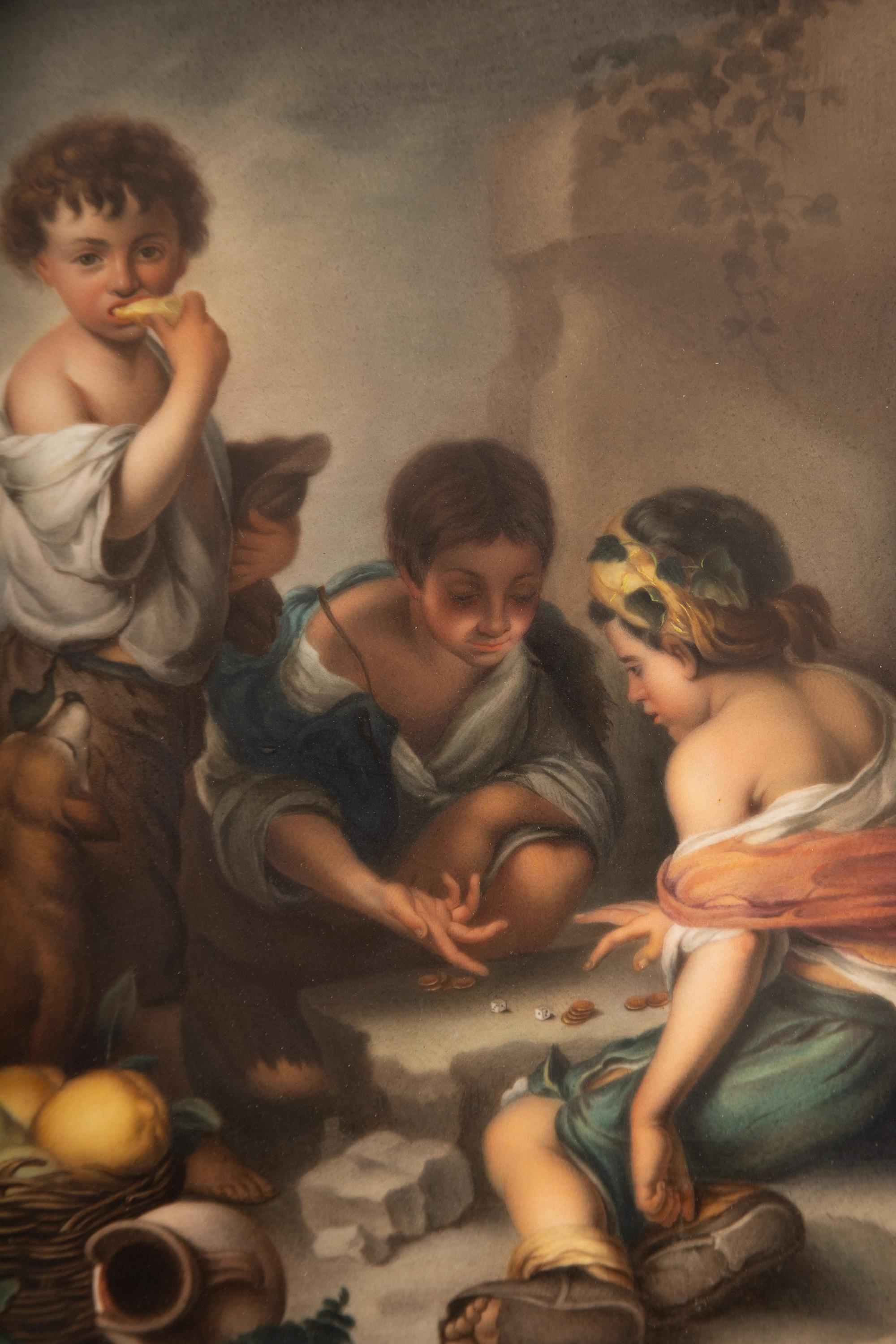 A Berlin (K.P.M.) Porcelain Plaque Depicting Three Boys Playing Dice After Bartolome Esteban Murillo
